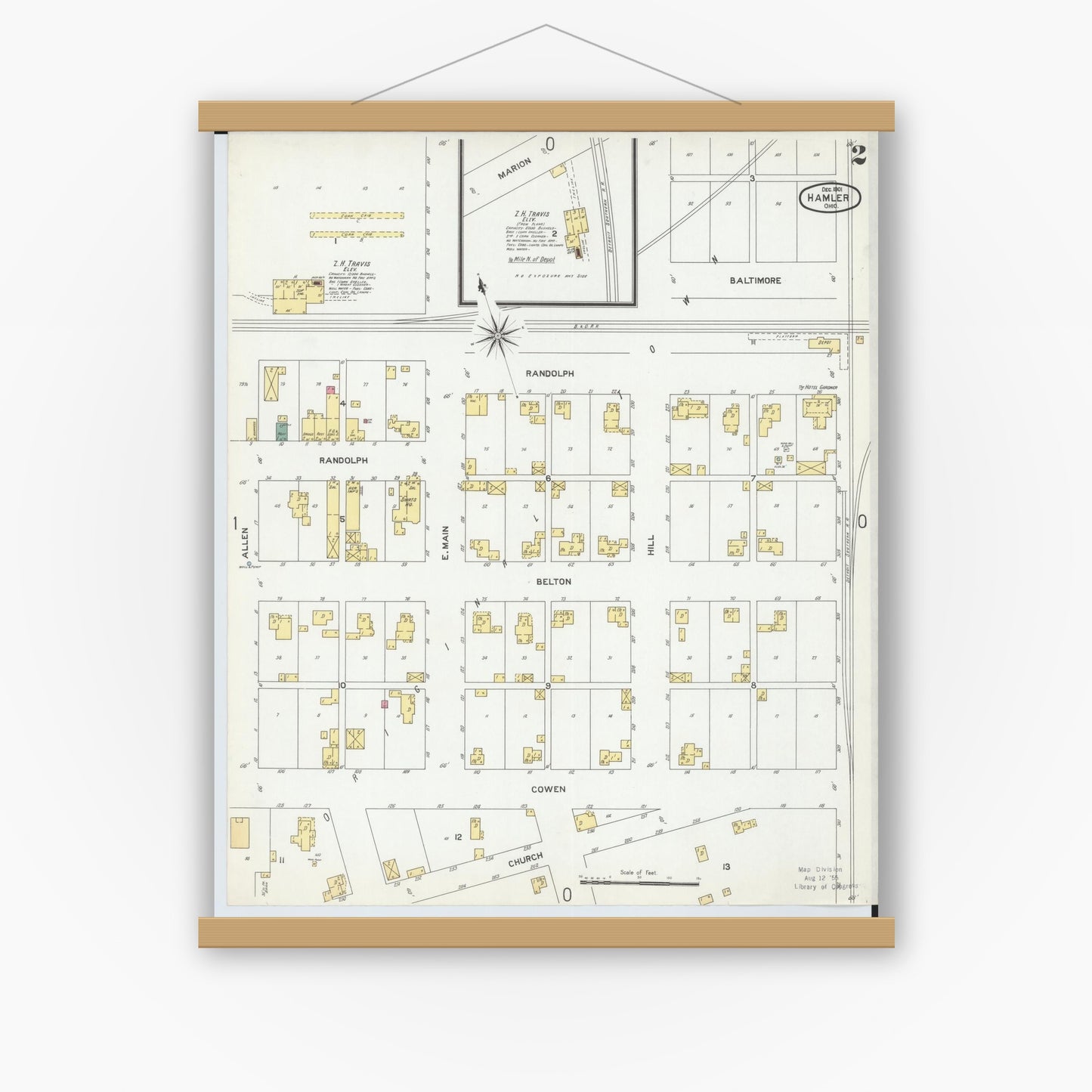 Old map wall art mockup — magnetic wood frame on white wall — Sanborn Fire Insurance Map from Hamler, Henry County, Ohio (1901), Sheet #0002