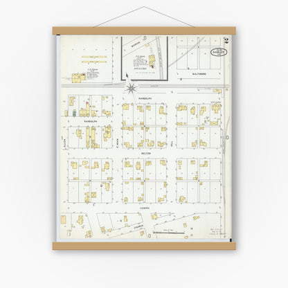 Old map wall art mockup — magnetic wood frame on white wall — Sanborn Fire Insurance Map from Hamler, Henry County, Ohio (1901), Sheet #0002