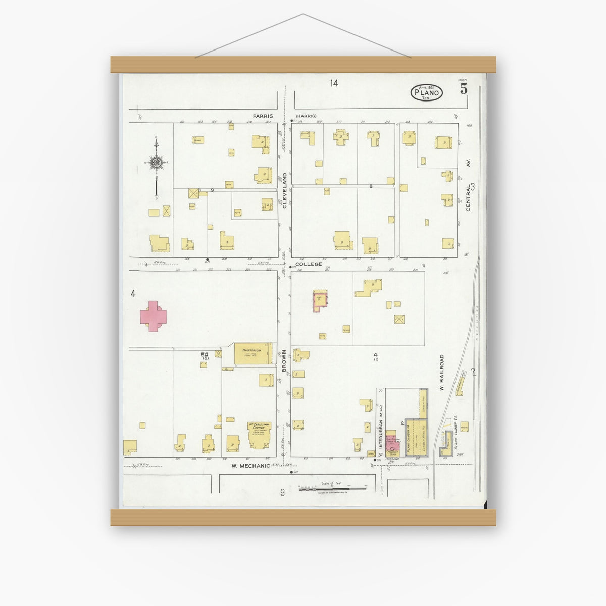Old map wall art mockup — magnetic wood frame on white wall — Sanborn Fire Insurance Map from Plano, Collin County, Texas (1921), Sheet #0005