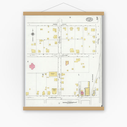 Old map wall art mockup — magnetic wood frame on white wall — Sanborn Fire Insurance Map from Plano, Collin County, Texas (1921), Sheet #0005