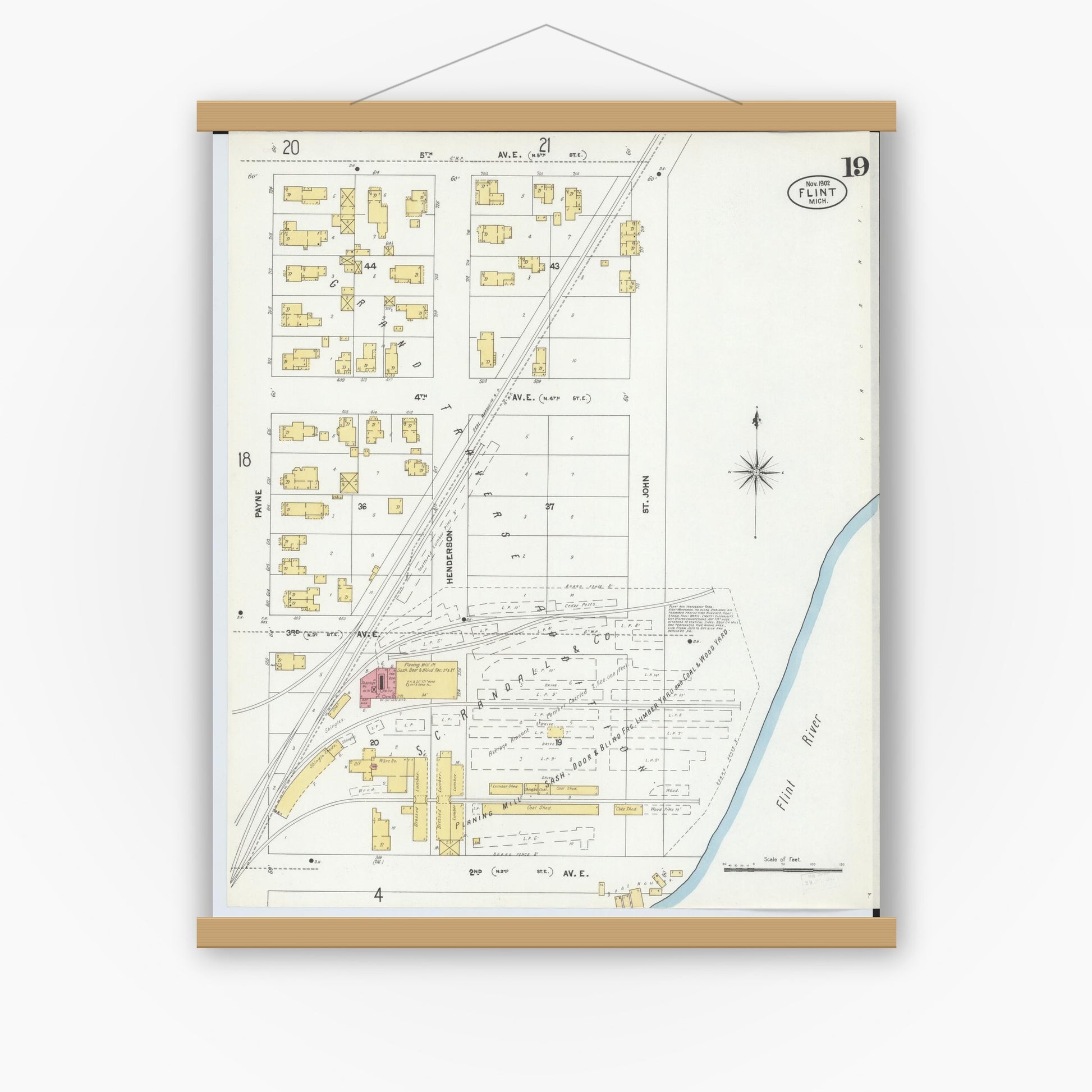 Old map wall art mockup — magnetic wood frame on white wall — Sanborn Fire Insurance Map from Flint, Genesee County, Michigan (1902), Sheet #0019
