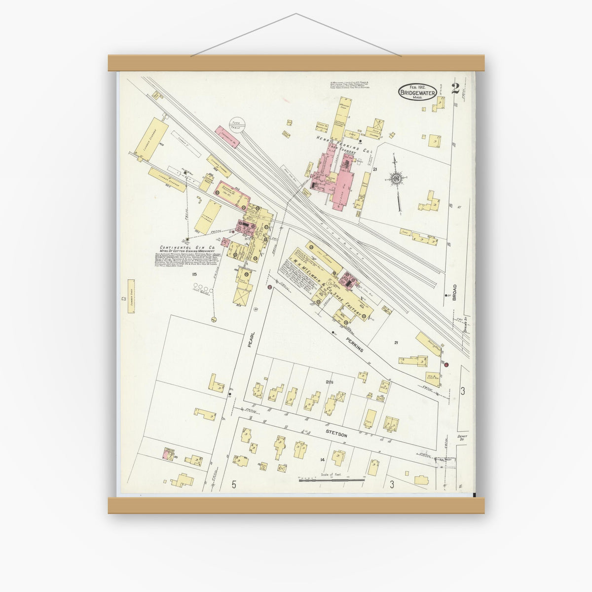 Old map wall art mockup — magnetic wood frame on white wall — Sanborn Fire Insurance Map from Bridgewater, Plymouth County, Massachusetts (1912), Sheet #0002
