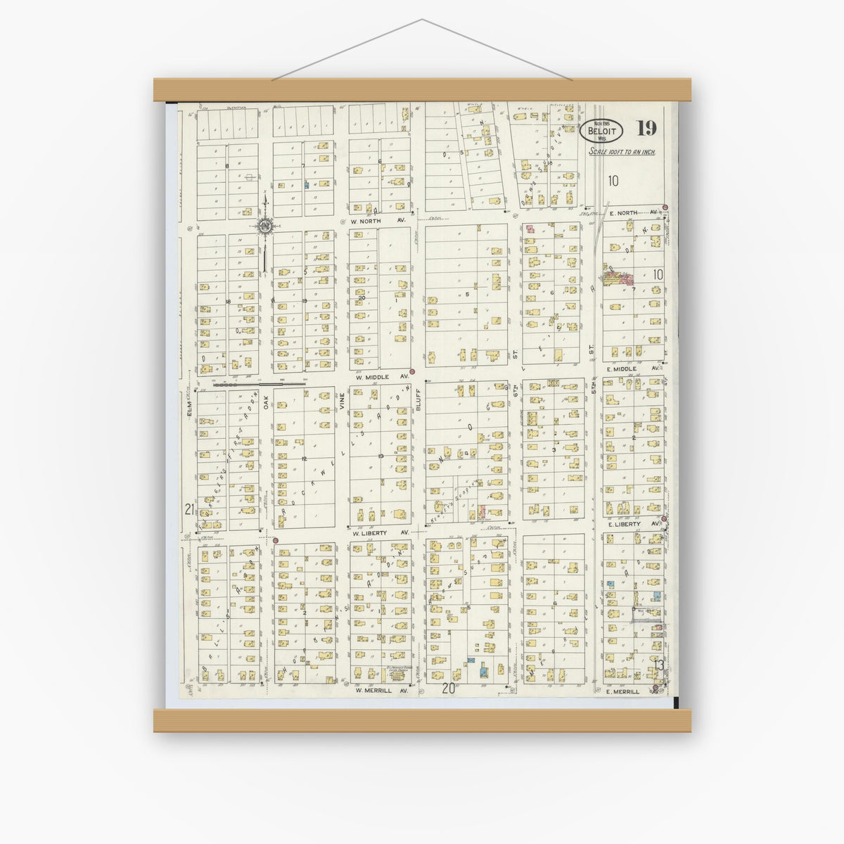 Old map wall art mockup — magnetic wood frame on white wall — Sanborn Fire Insurance Map from Beloit, Rock County, Wisconsin (1915), Sheet #0019
