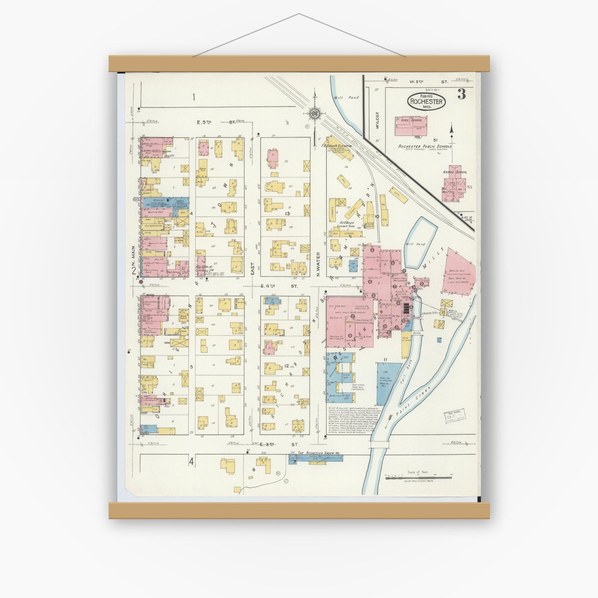 Old map wall art mockup — magnetic wood frame on white wall — Sanborn Fire Insurance Map from Rochester, Oakland County, Michigan (1919), Sheet #0003