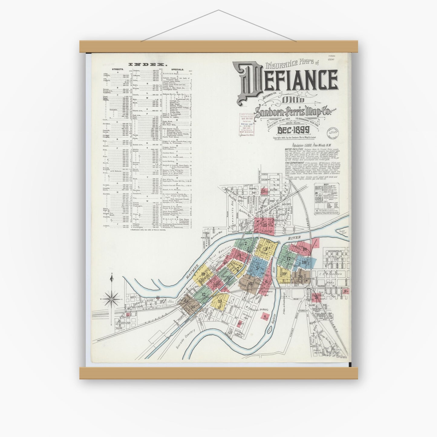 Old map wall art mockup — magnetic wood frame on white wall — Sanborn Fire Insurance Map from Defiance, Defiance County, Ohio (1899), Sheet #0001