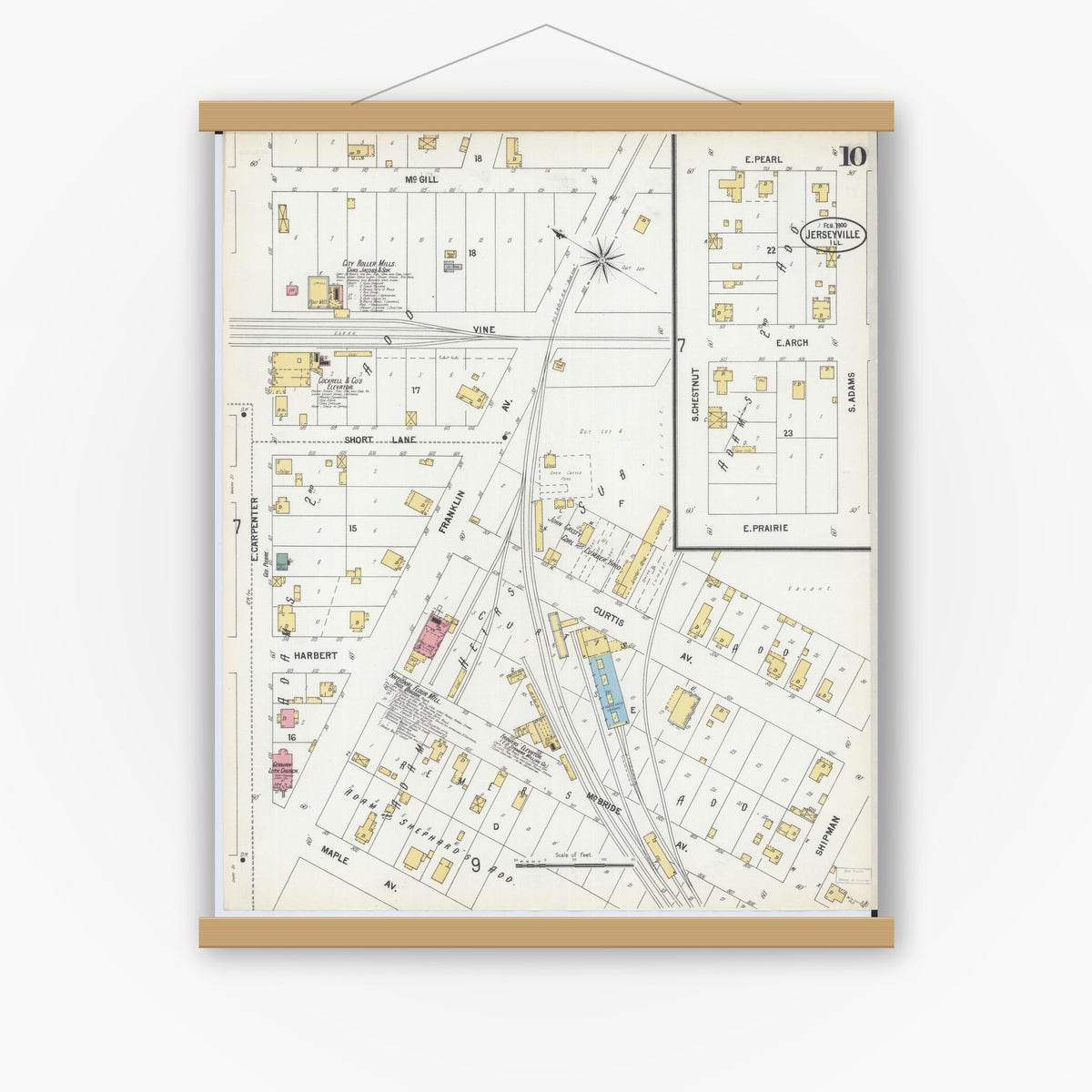 Old map wall art mockup — magnetic wood frame on white wall — Sanborn Fire Insurance Map from Jerseyville, Jersey County, Illinois (1900), Sheet #0010