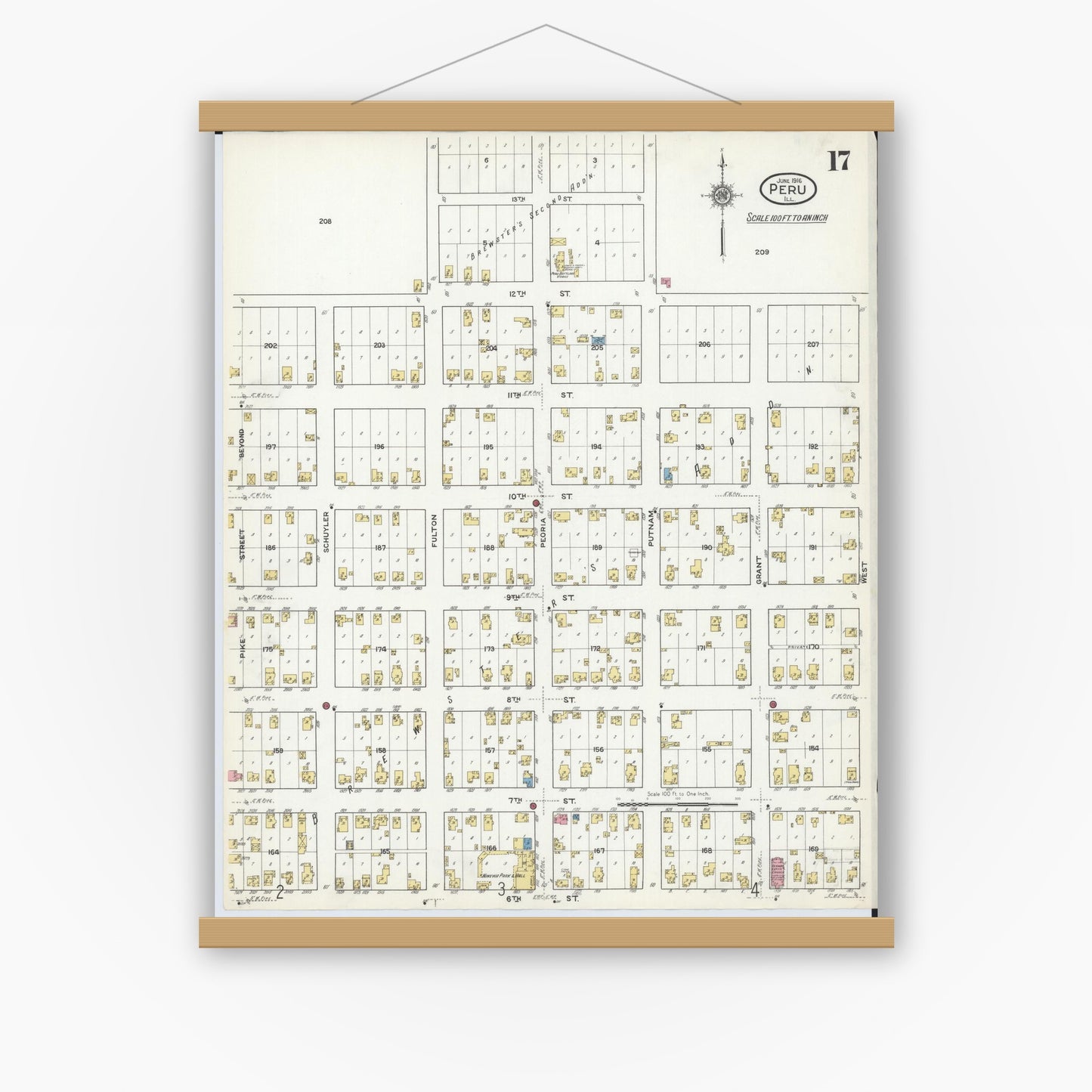 Old map wall art mockup — magnetic wood frame on white wall — Sanborn Fire Insurance Map from Peru, La Salle County, Illinois (1916), Sheet #0017