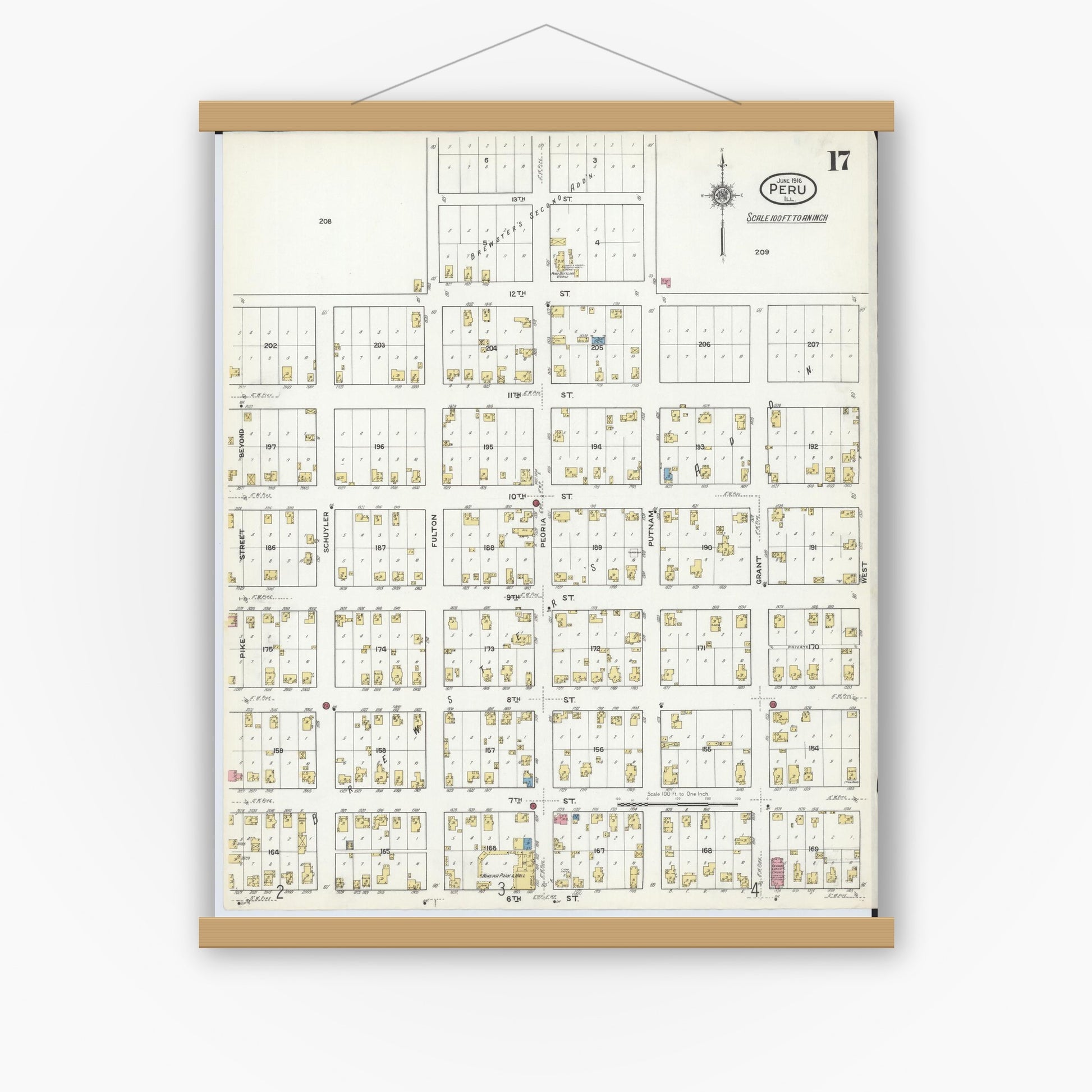 Old map wall art mockup — magnetic wood frame on white wall — Sanborn Fire Insurance Map from Peru, La Salle County, Illinois (1916), Sheet #0017