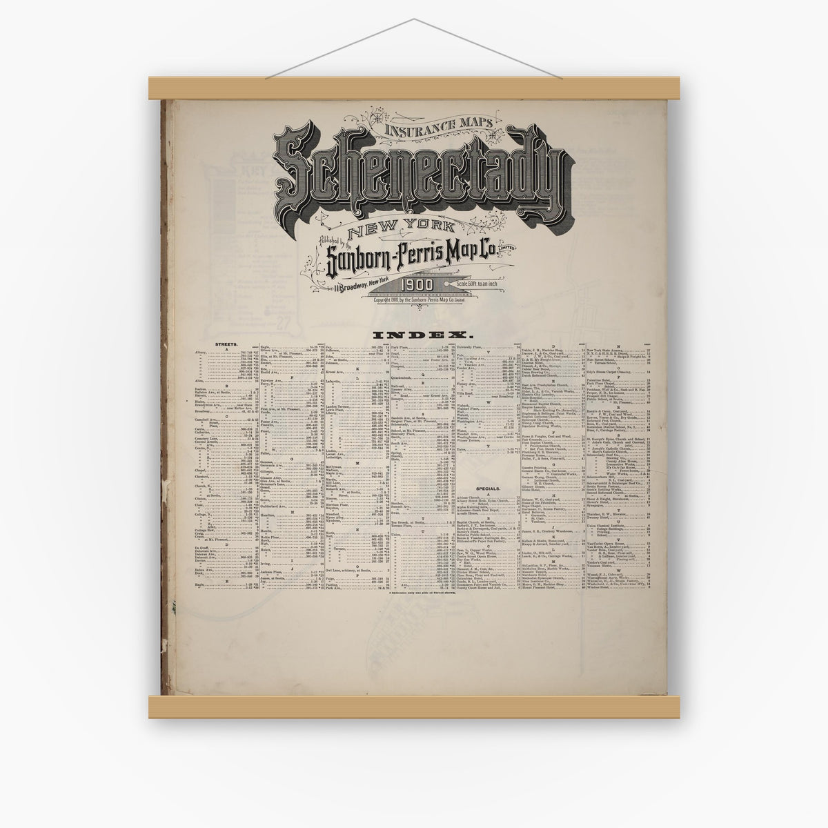 Old map wall art mockup — magnetic wood frame on white wall — Sanborn Fire Insurance Map from Schenectady, Schenectady County, New York (1900), Sheet #0001