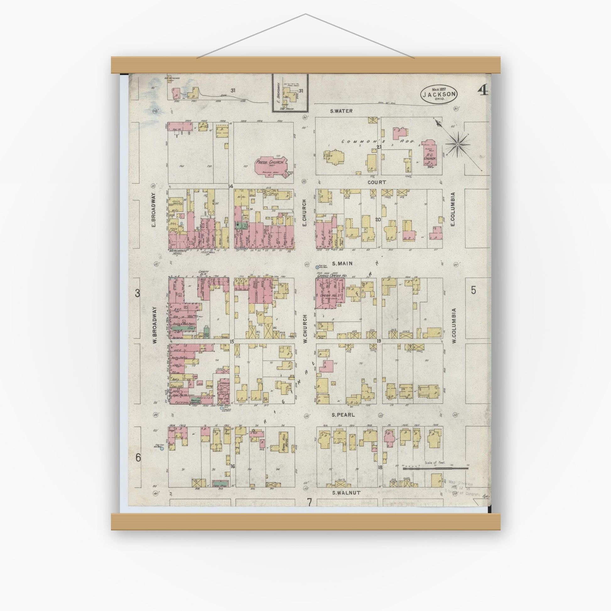 Old map wall art mockup — magnetic wood frame on white wall — Sanborn Fire Insurance Map from Jackson, Jackson County, Ohio (1897), Sheet #0004
