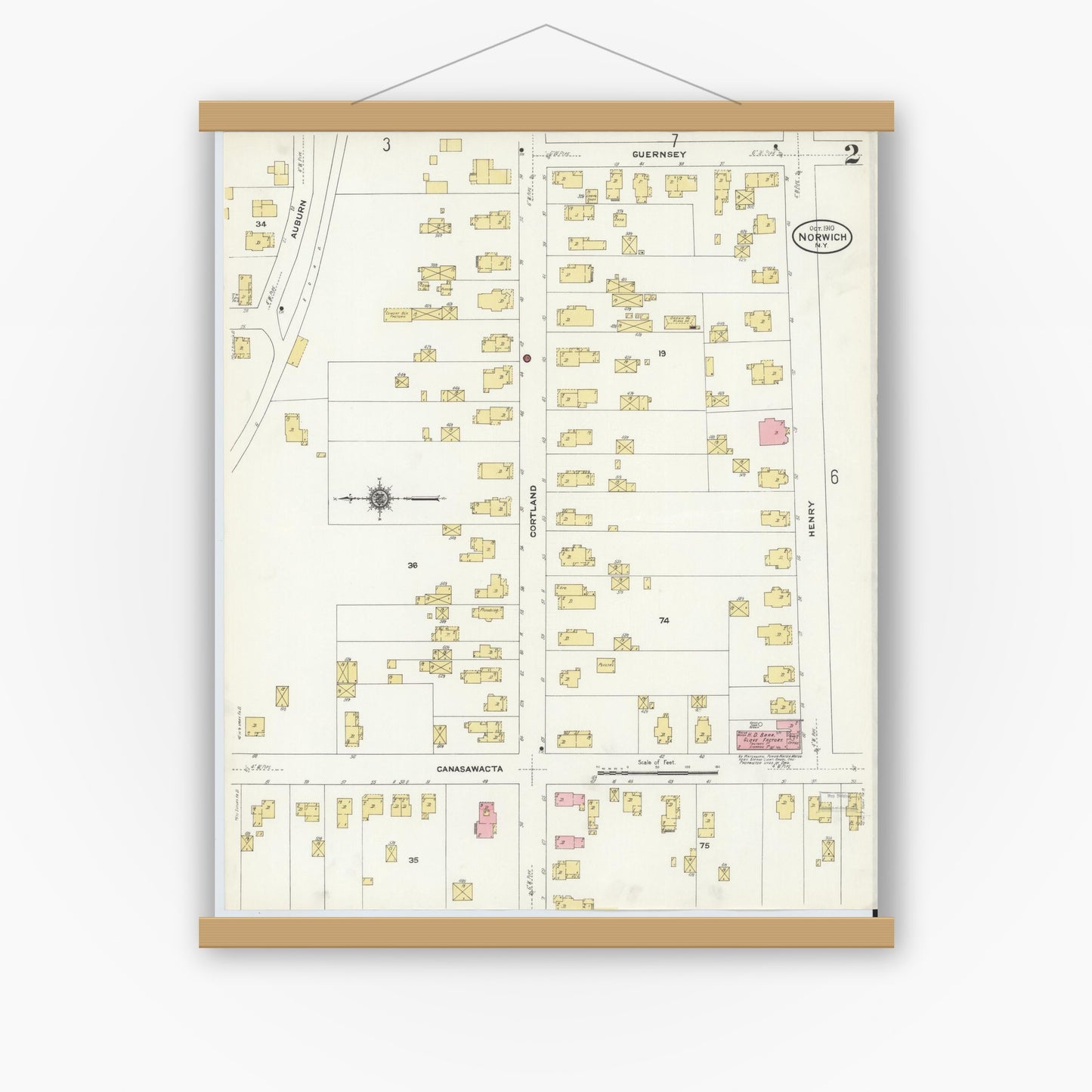 Old map wall art mockup — magnetic wood frame on white wall — Sanborn Fire Insurance Map from Norwich, Chenango County, New York (1910) - Complete Map Set