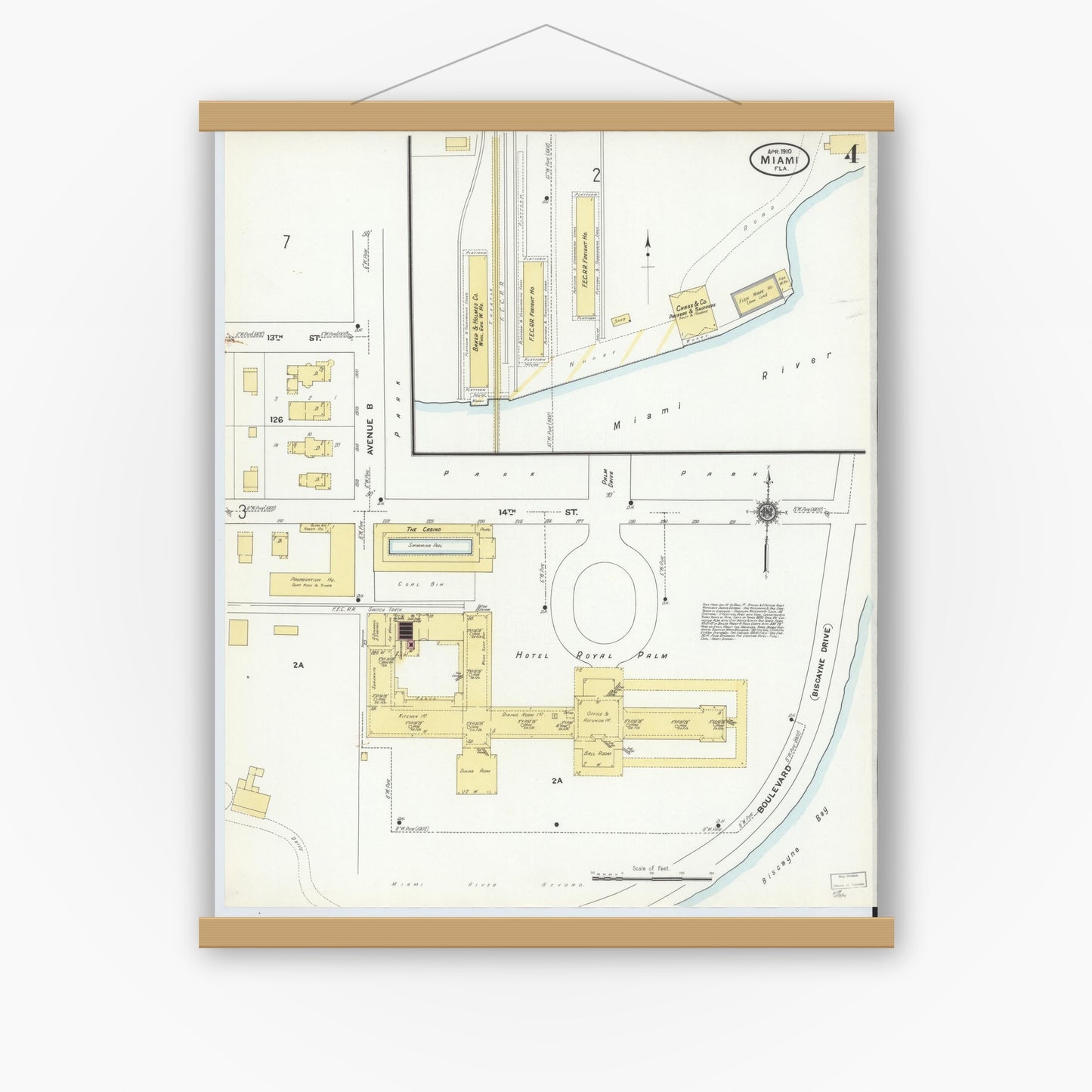 Old map wall art mockup — magnetic wood frame on white wall — Sanborn Fire Insurance Map from Miami, Dade County, Florida (1910), Sheet #0004