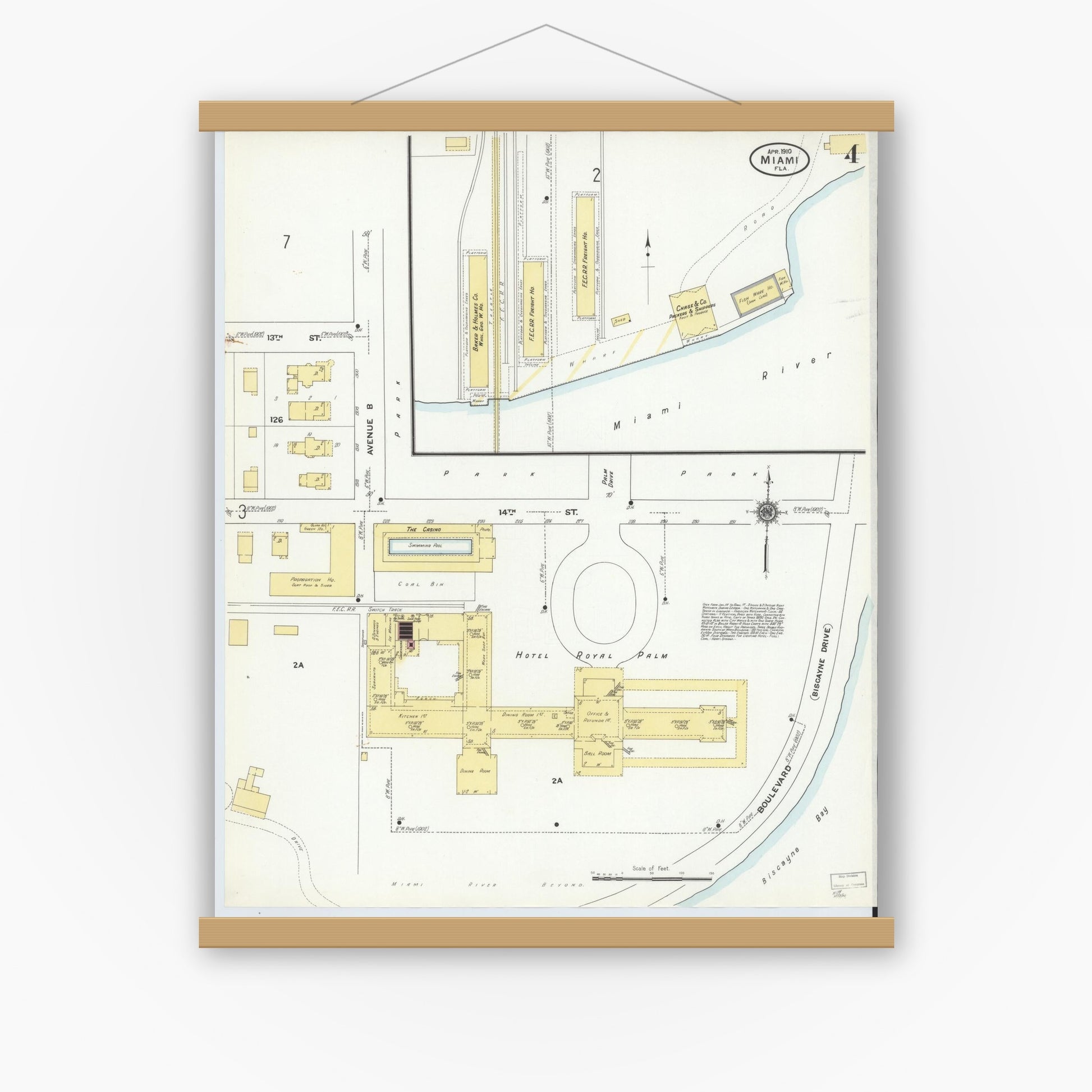 Old map wall art mockup — magnetic wood frame on white wall — Sanborn Fire Insurance Map from Miami, Dade County, Florida (1910), Sheet #0004