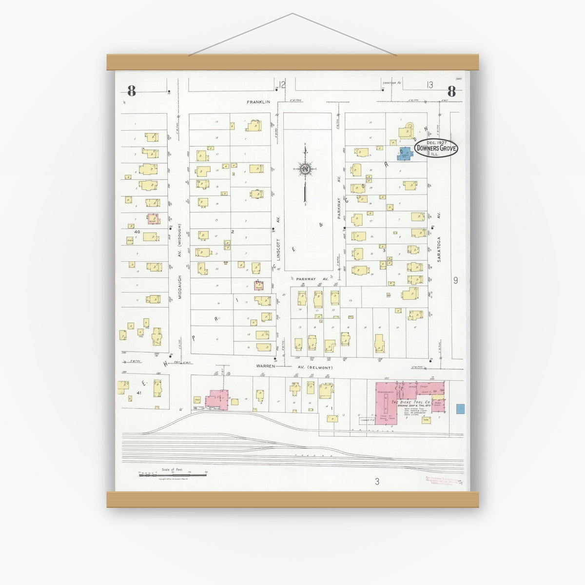 Old map wall art mockup — magnetic wood frame on white wall — Sanborn Fire Insurance Map from Downers Grove, Dupage County, Illinois (1927), Sheet #0008