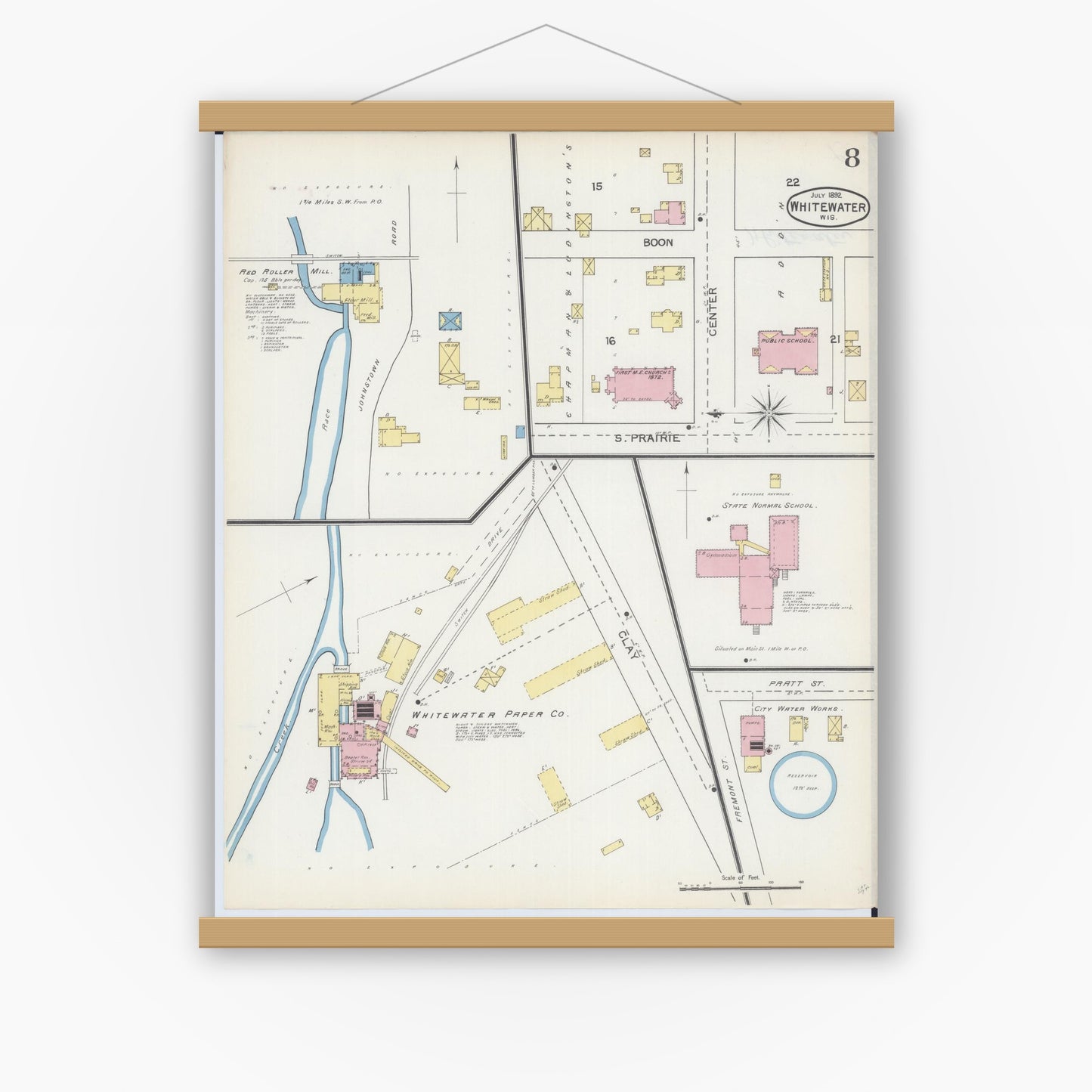 Old map wall art mockup — magnetic wood frame on white wall — Sanborn Fire Insurance Map from Whitewater, Walworth County, Wisconsin (1892), Sheet #0008