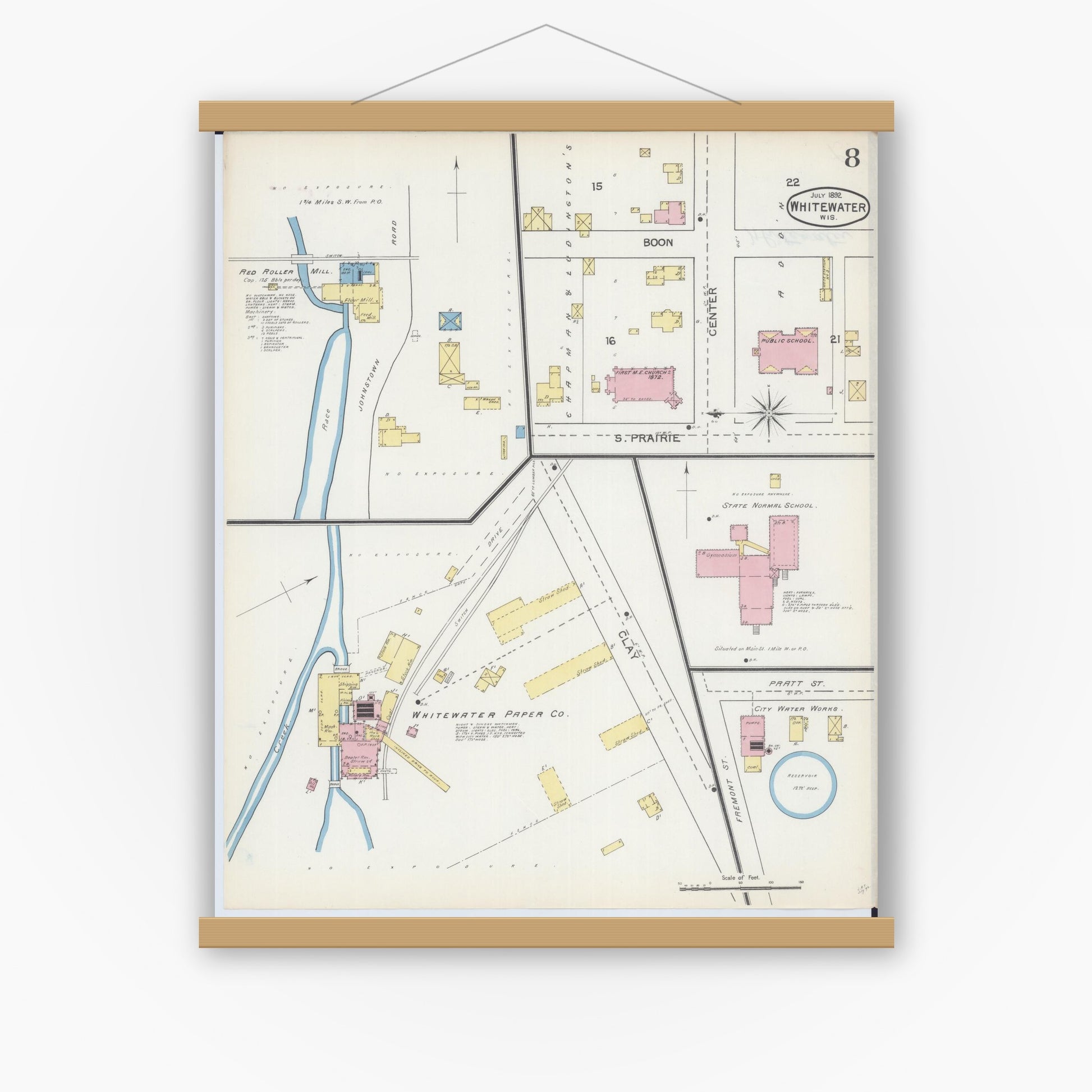Old map wall art mockup — magnetic wood frame on white wall — Sanborn Fire Insurance Map from Whitewater, Walworth County, Wisconsin (1892), Sheet #0008