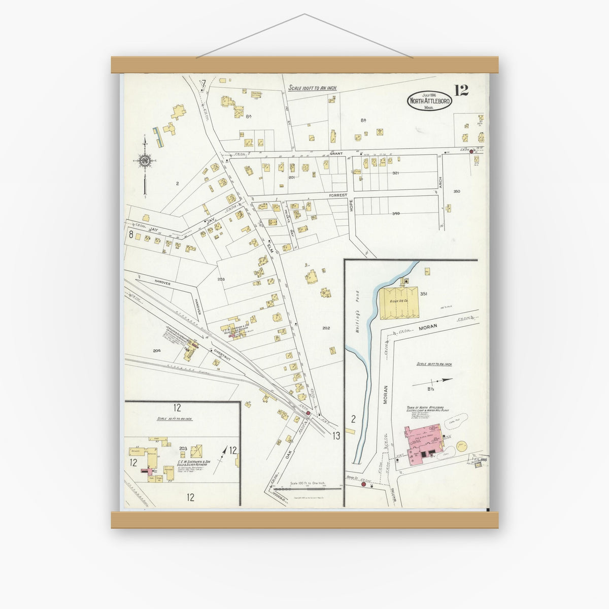 Old map wall art mockup — magnetic wood frame on white wall — Sanborn Fire Insurance Map from North Attleborough, Bristol County, Massachusetts (1916), Sheet #0012