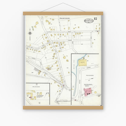 Old map wall art mockup — magnetic wood frame on white wall — Sanborn Fire Insurance Map from North Attleborough, Bristol County, Massachusetts (1916), Sheet #0012