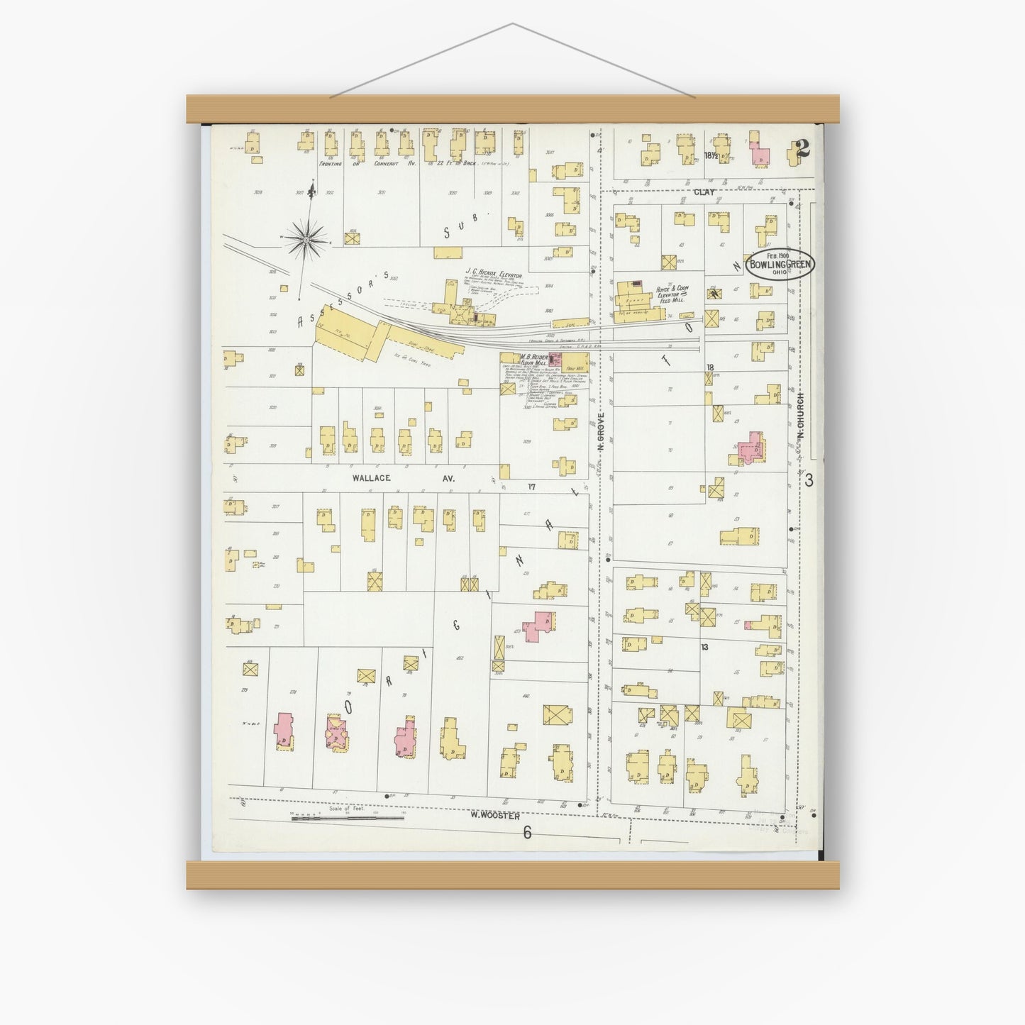 Old map wall art mockup — magnetic wood frame on white wall — Sanborn Fire Insurance Map from Bowling Green, Wood County, Ohio (1900), Sheet #0002