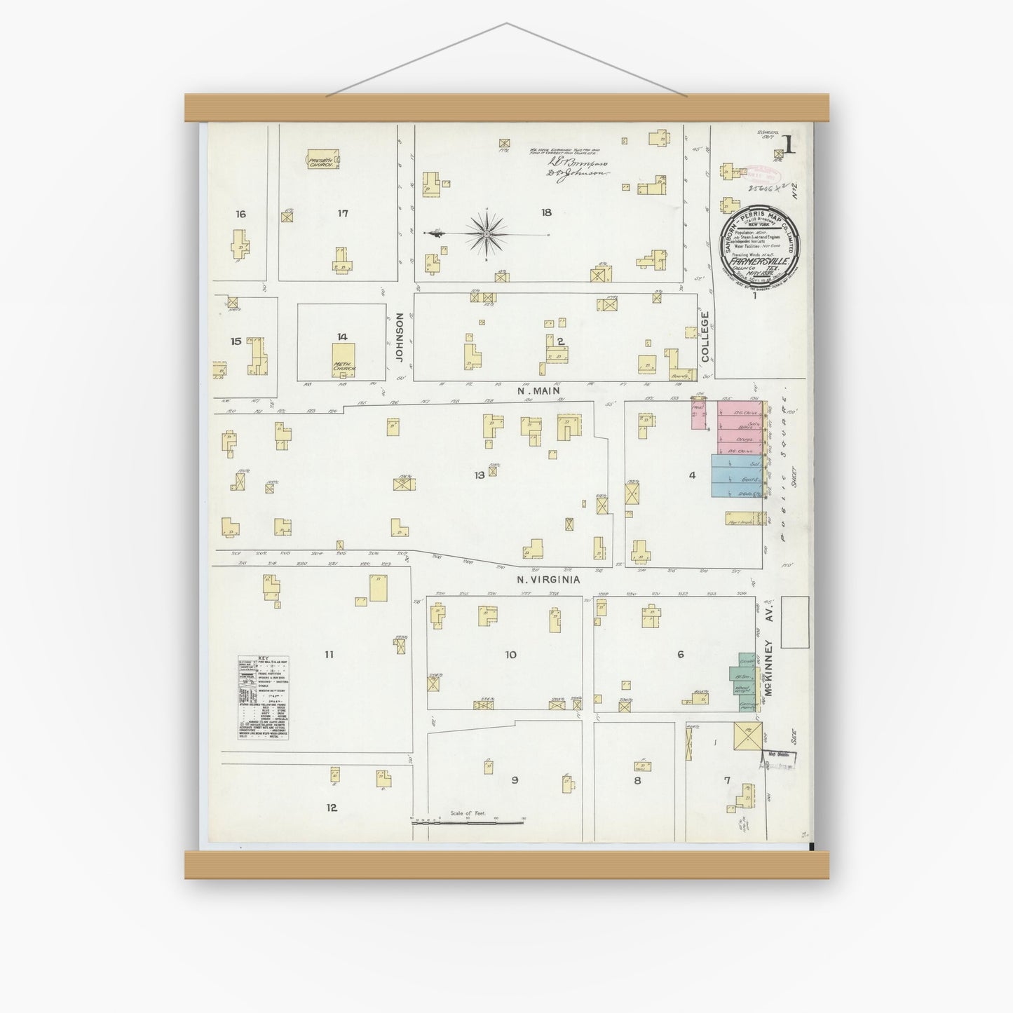 Old map wall art mockup — magnetic wood frame on white wall — Sanborn Fire Insurance Map from Farmersville, Collin County, Texas (1892), Sheet #0001