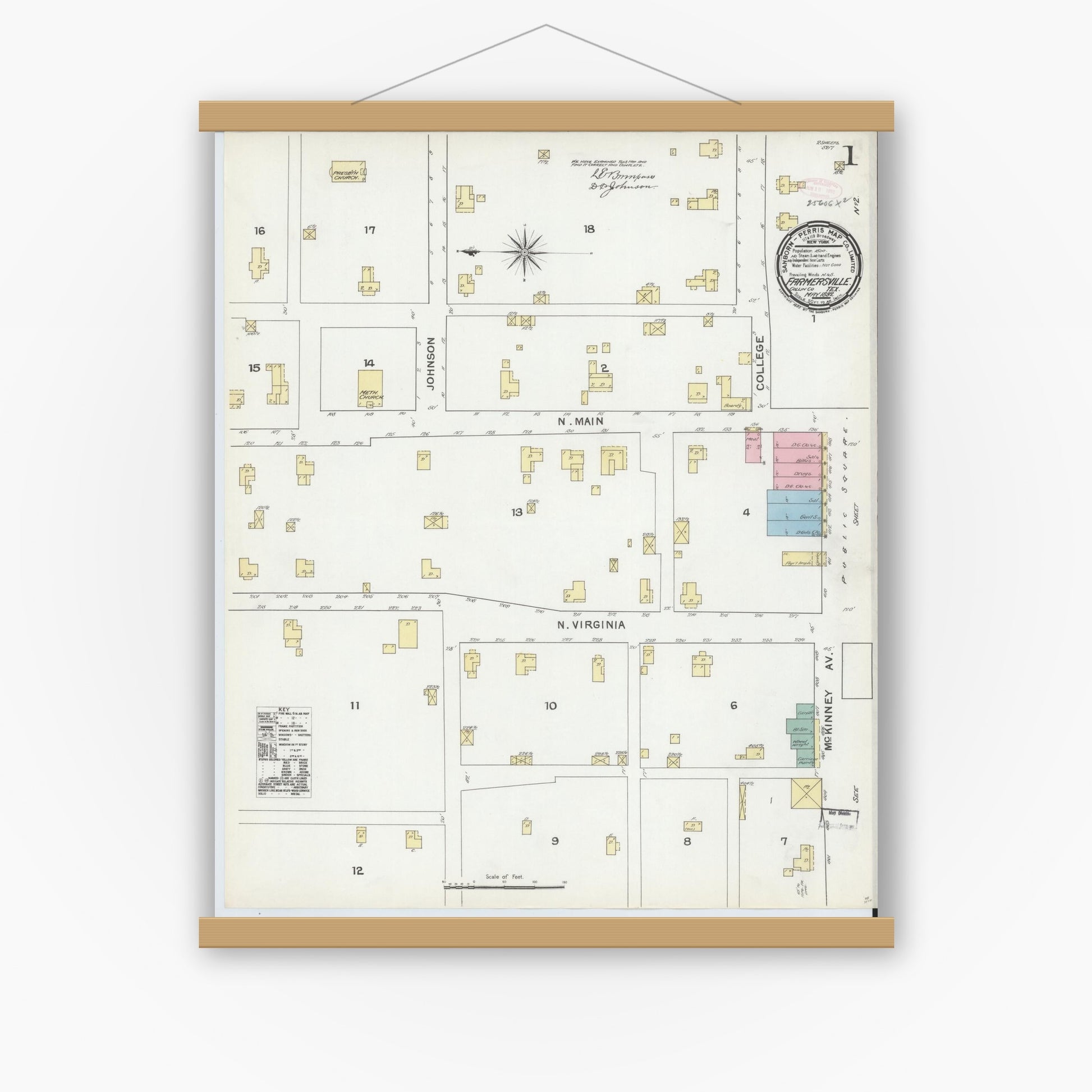Old map wall art mockup — magnetic wood frame on white wall — Sanborn Fire Insurance Map from Farmersville, Collin County, Texas (1892), Sheet #0001