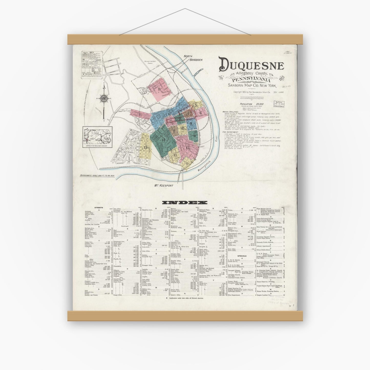 Old map wall art mockup — magnetic wood frame on white wall — Sanborn Fire Insurance Map from Duquesne, Allegheny County, Pennsylvania (1925) - Complete Map Set