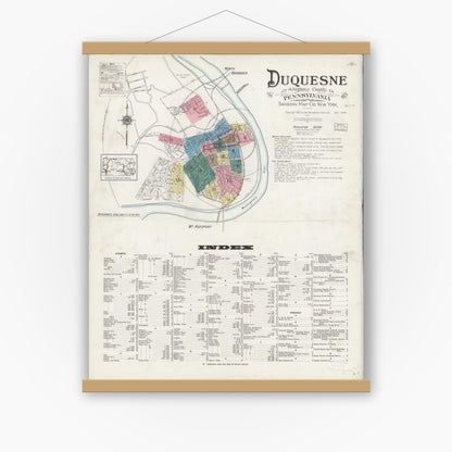 Old map wall art mockup — magnetic wood frame on white wall — Sanborn Fire Insurance Map from Duquesne, Allegheny County, Pennsylvania (1925) - Complete Map Set