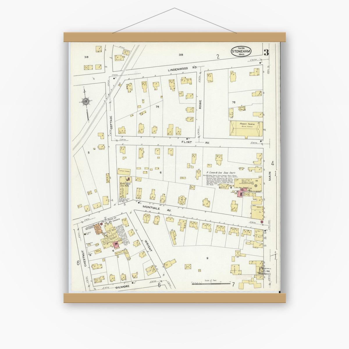 Old map wall art mockup — magnetic wood frame on white wall — Sanborn Fire Insurance Map from Stoneham, Middlesex County, Massachusetts (1916), Sheet #0003