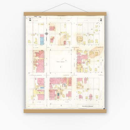Old map wall art mockup — magnetic wood frame on white wall — Sanborn Fire Insurance Map from Marengo, Iowa County, Iowa (1942), Sheet #0002