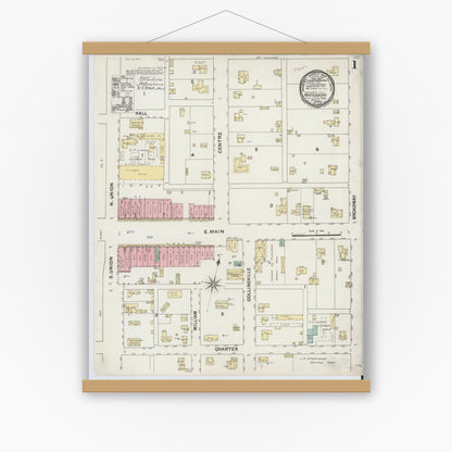 Old map wall art mockup — magnetic wood frame on white wall — Sanborn Fire Insurance Map from Whitesboro, Grayson County, Texas (1891), Sheet #0001