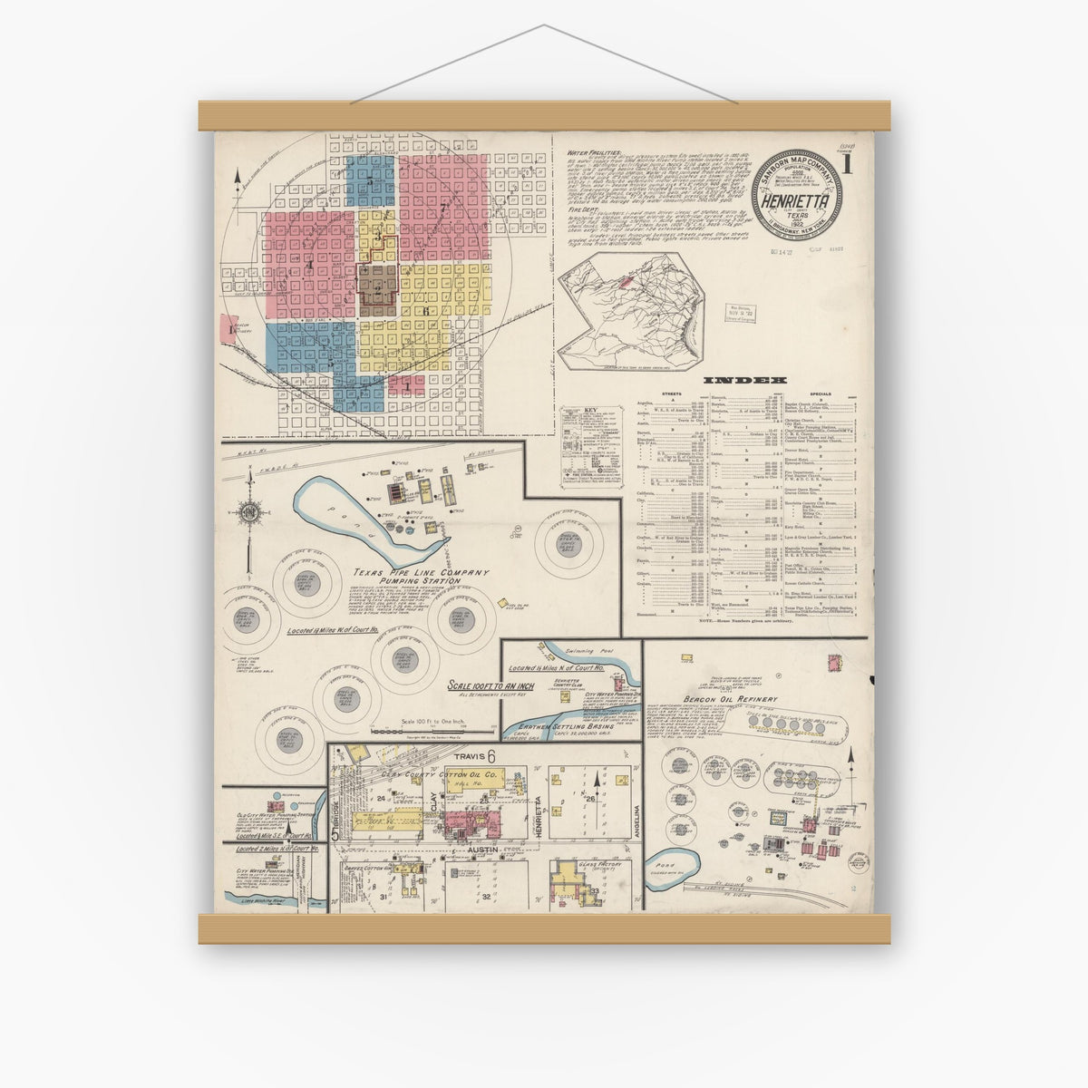 Old map wall art mockup — magnetic wood frame on white wall — Sanborn Fire Insurance Map from Henrietta, Clay County, Texas (1922) - Complete Map Set