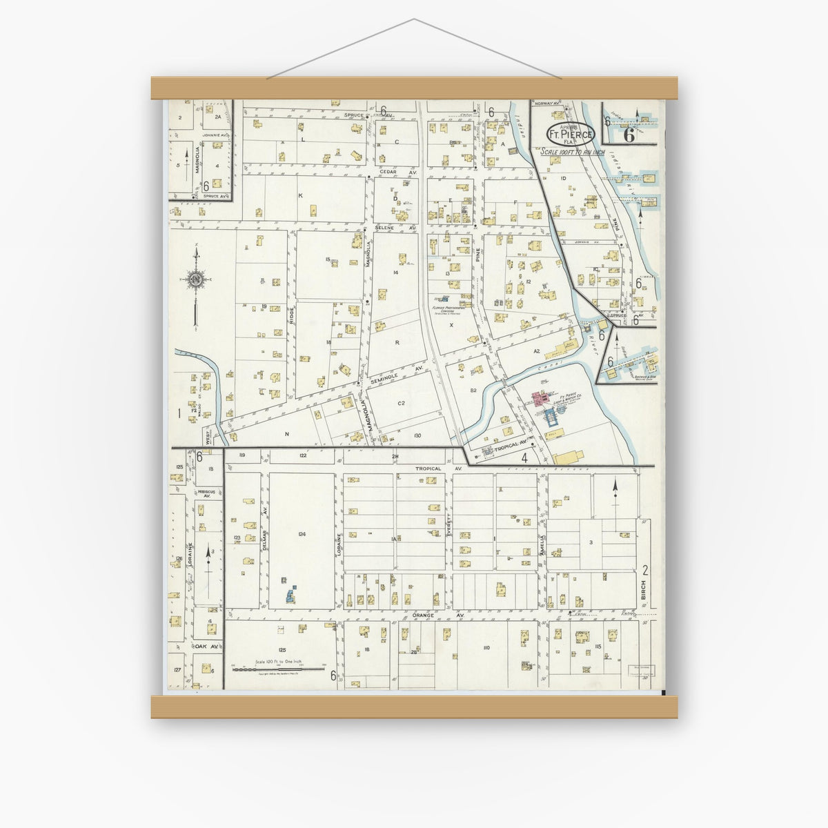 Old map wall art mockup — magnetic wood frame on white wall — Sanborn Fire Insurance Map from Fort Pierce, St Lucie County, Florida (1918), Sheet #0006