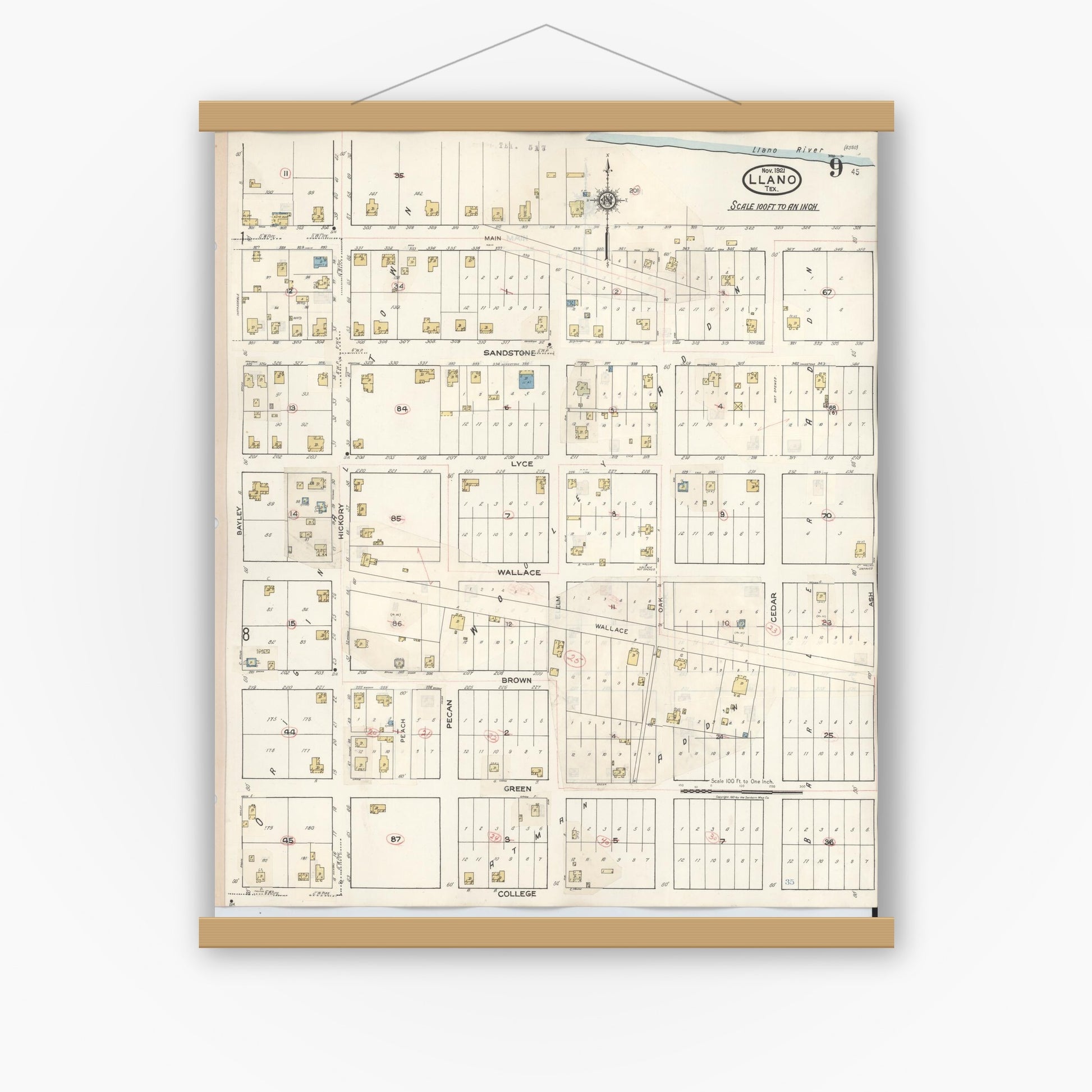 Old map wall art mockup — magnetic wood frame on white wall — Sanborn Fire Insurance Map from Llano, Llano County, Texas (1942), Sheet #0009