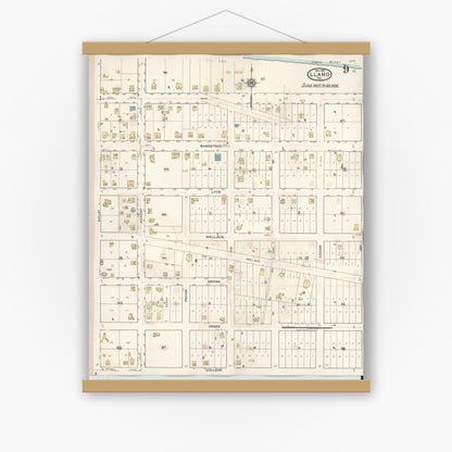 Old map wall art mockup — magnetic wood frame on white wall — Sanborn Fire Insurance Map from Llano, Llano County, Texas (1942), Sheet #0009