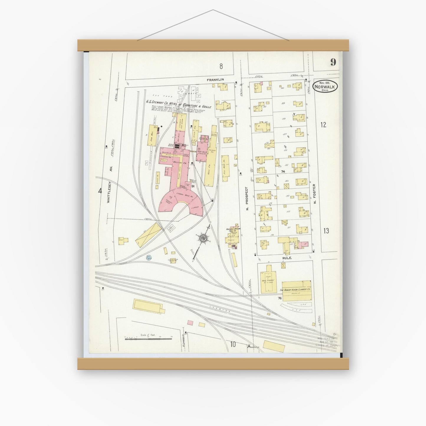 Old map wall art mockup — magnetic wood frame on white wall — Sanborn Fire Insurance Map from Norwalk, Huron County, Ohio (1911), Sheet #0009