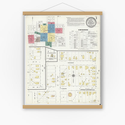 Old map wall art mockup — magnetic wood frame on white wall — Sanborn Fire Insurance Map from Staples, Todd County, Minnesota (1909) - Complete Map Set
