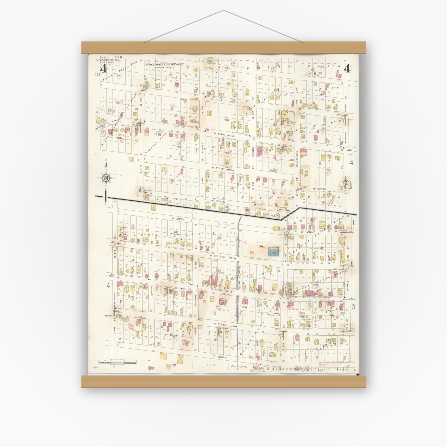 Old map wall art mockup — magnetic wood frame on white wall — Sanborn Fire Insurance Map from Mascoutah, Saint Clair County, Illinois (1942), Sheet #0004