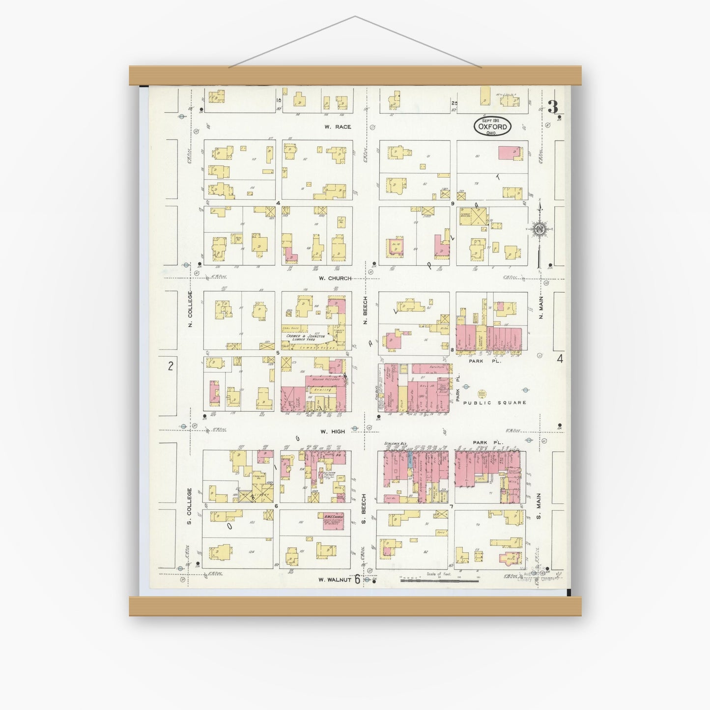 Old map wall art mockup — magnetic wood frame on white wall — Sanborn Fire Insurance Map from Oxford, Butler County, Ohio (1911), Sheet #0003