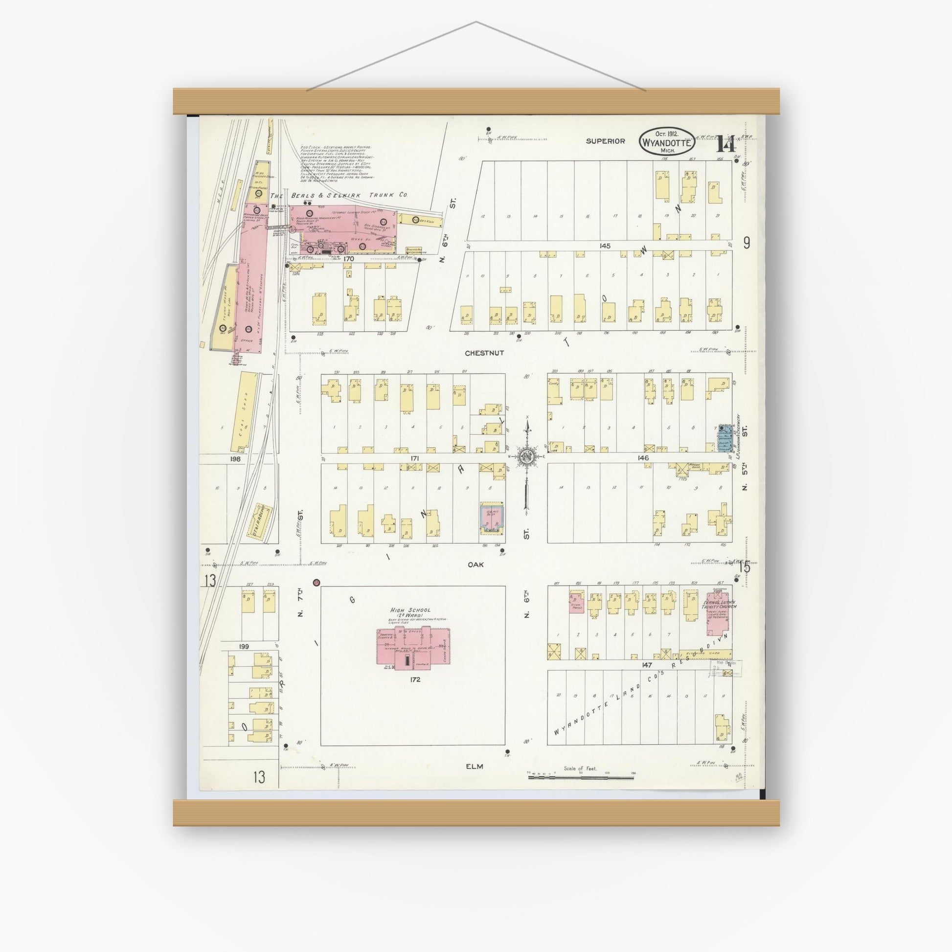 Old map wall art mockup — magnetic wood frame on white wall — Sanborn Fire Insurance Map from Wyandotte, Wayne County, Michigan (1912), Sheet #0014