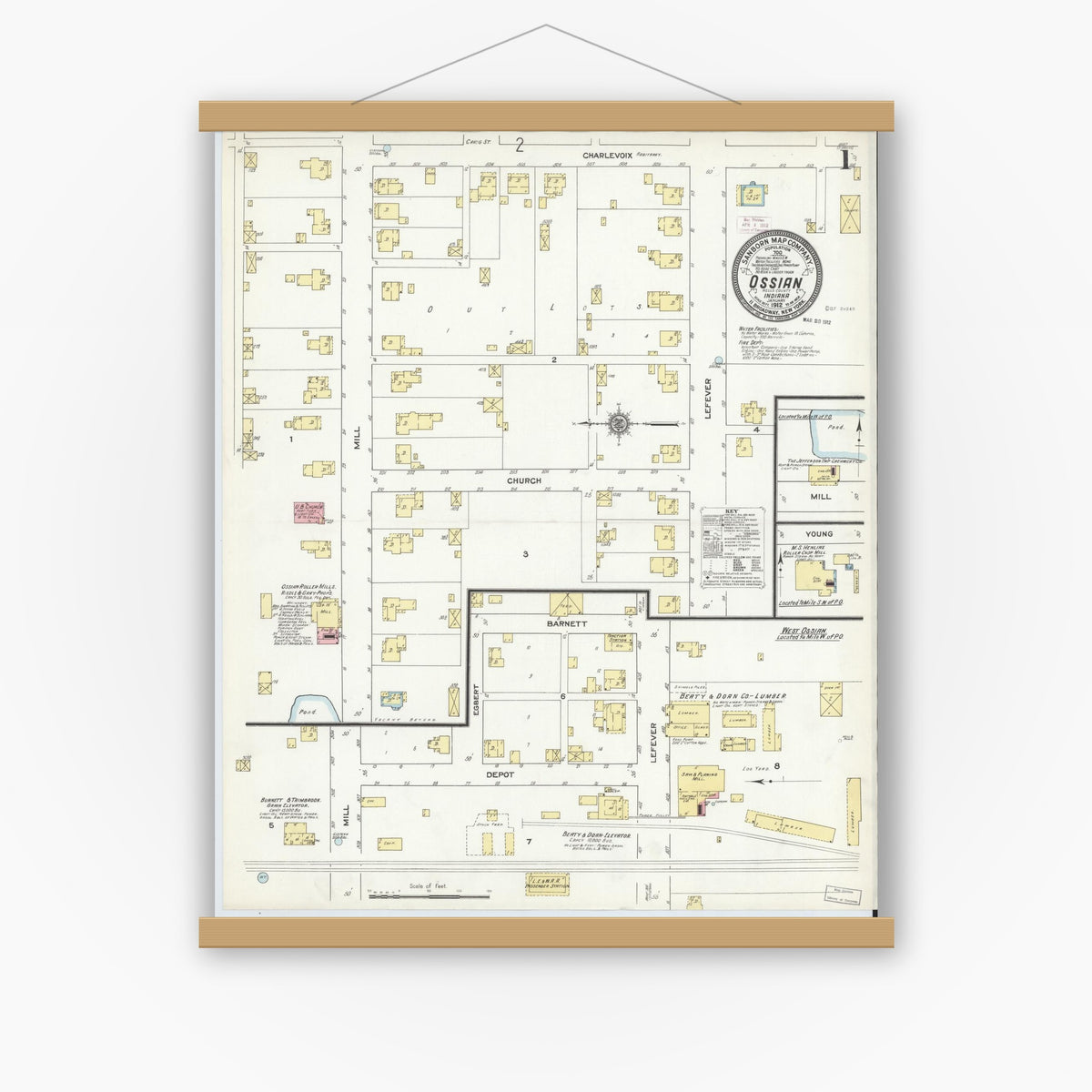 Old map wall art mockup — magnetic wood frame on white wall — Sanborn Fire Insurance Map from Ossian, Wells County, Indiana (1912), Sheet #0001