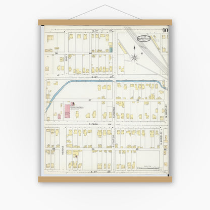 Old map wall art mockup — magnetic wood frame on white wall — Sanborn Fire Insurance Map from Mansfield, Richland County, Ohio (1892), Sheet #0010