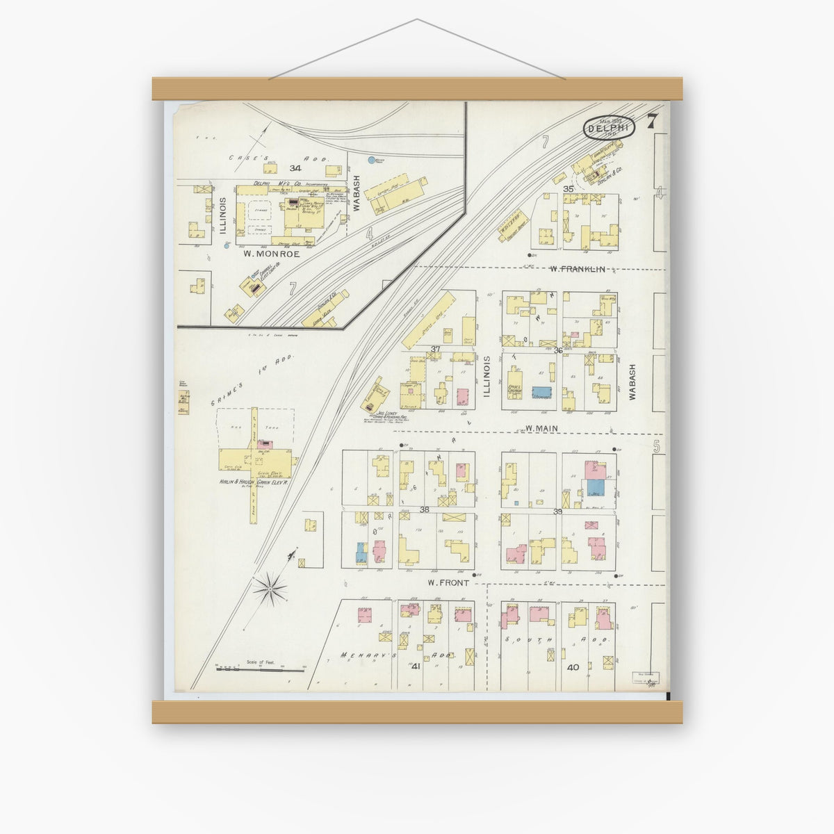 Old map wall art mockup — magnetic wood frame on white wall — Sanborn Fire Insurance Map from Delphi, Carroll County, Indiana (1893), Sheet #0007