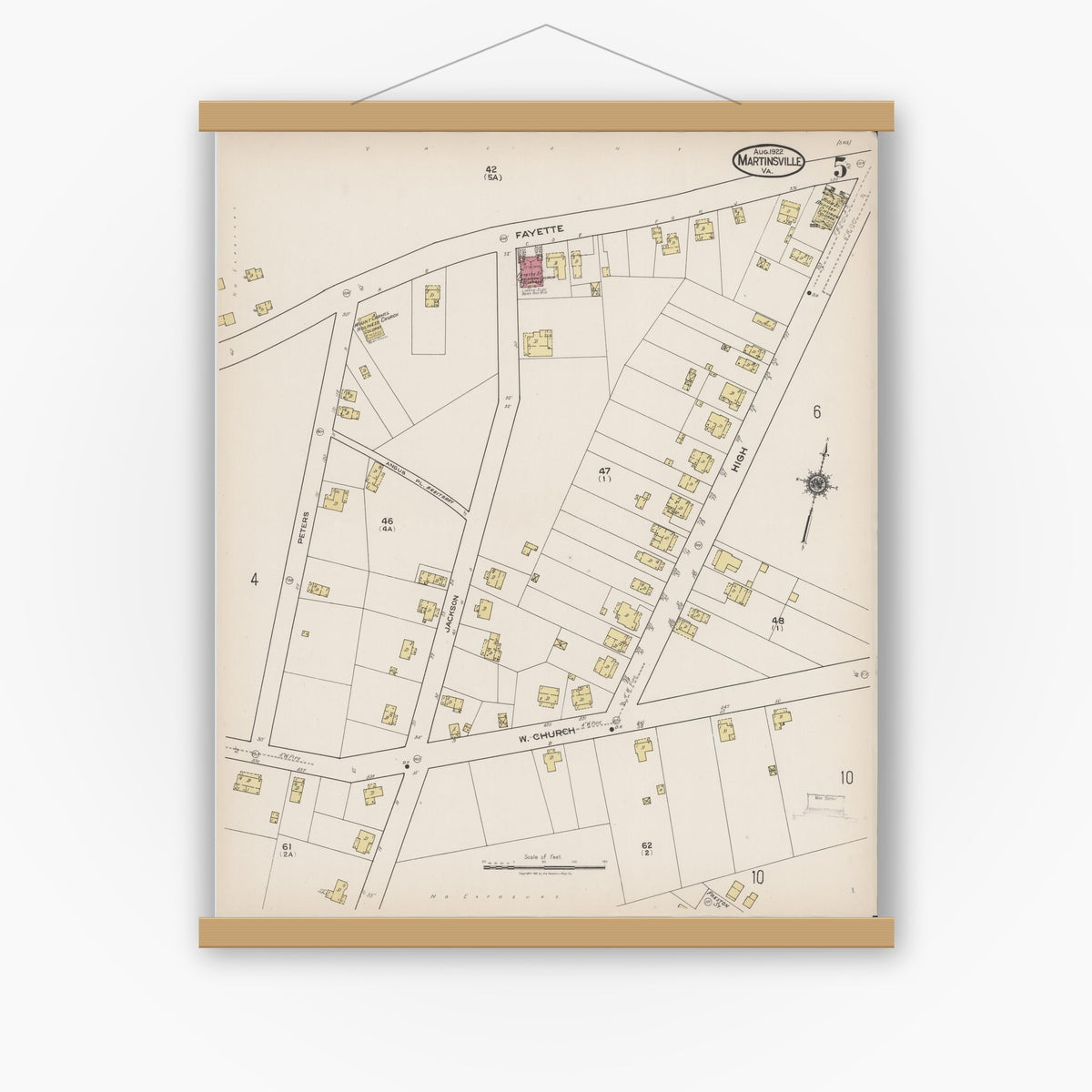 Old map wall art mockup — magnetic wood frame on white wall — Sanborn Fire Insurance Map from Martinsville, Independent Cities, Virginia (1922), Sheet #0005