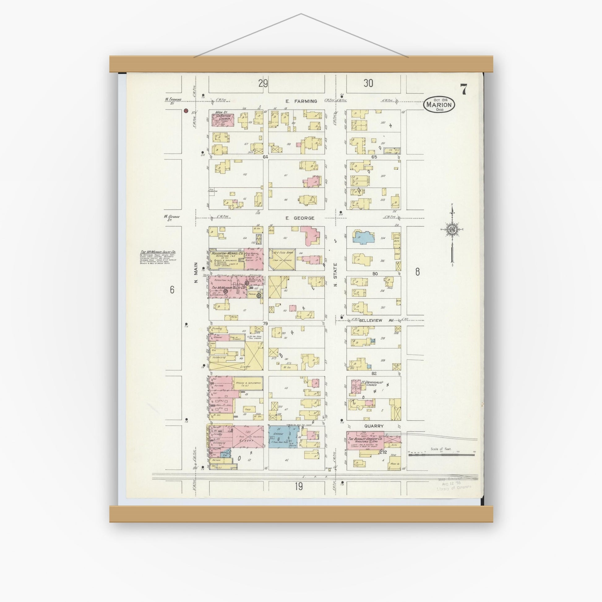 Old map wall art mockup — magnetic wood frame on white wall — Sanborn Fire Insurance Map from Marion, Marion County, Ohio (1914), Sheet #0007