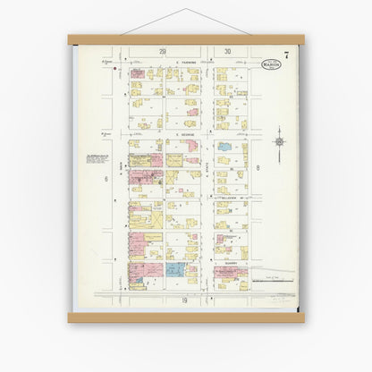 Old map wall art mockup — magnetic wood frame on white wall — Sanborn Fire Insurance Map from Marion, Marion County, Ohio (1914), Sheet #0007