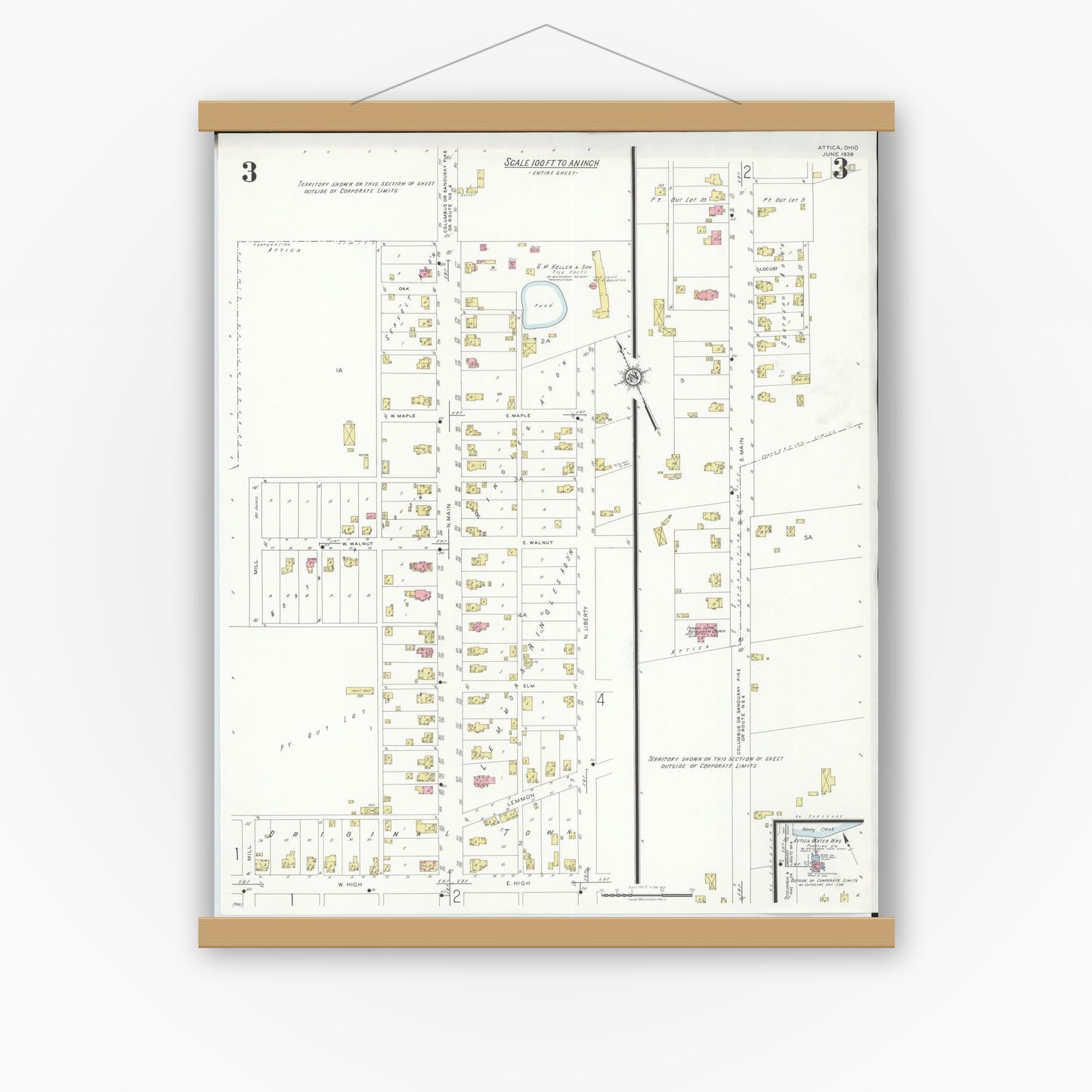 Old map wall art mockup — magnetic wood frame on white wall — Sanborn Fire Insurance Map from Attica, Seneca County, Ohio (1938), Sheet #0003