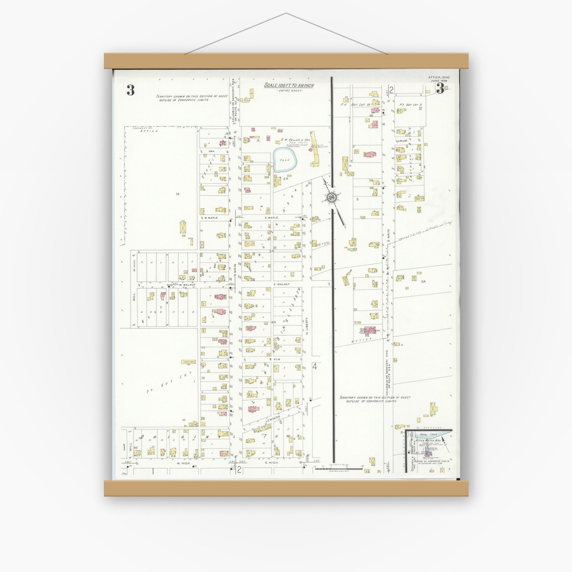 Old map wall art mockup — magnetic wood frame on white wall — Sanborn Fire Insurance Map from Attica, Seneca County, Ohio (1938), Sheet #0003