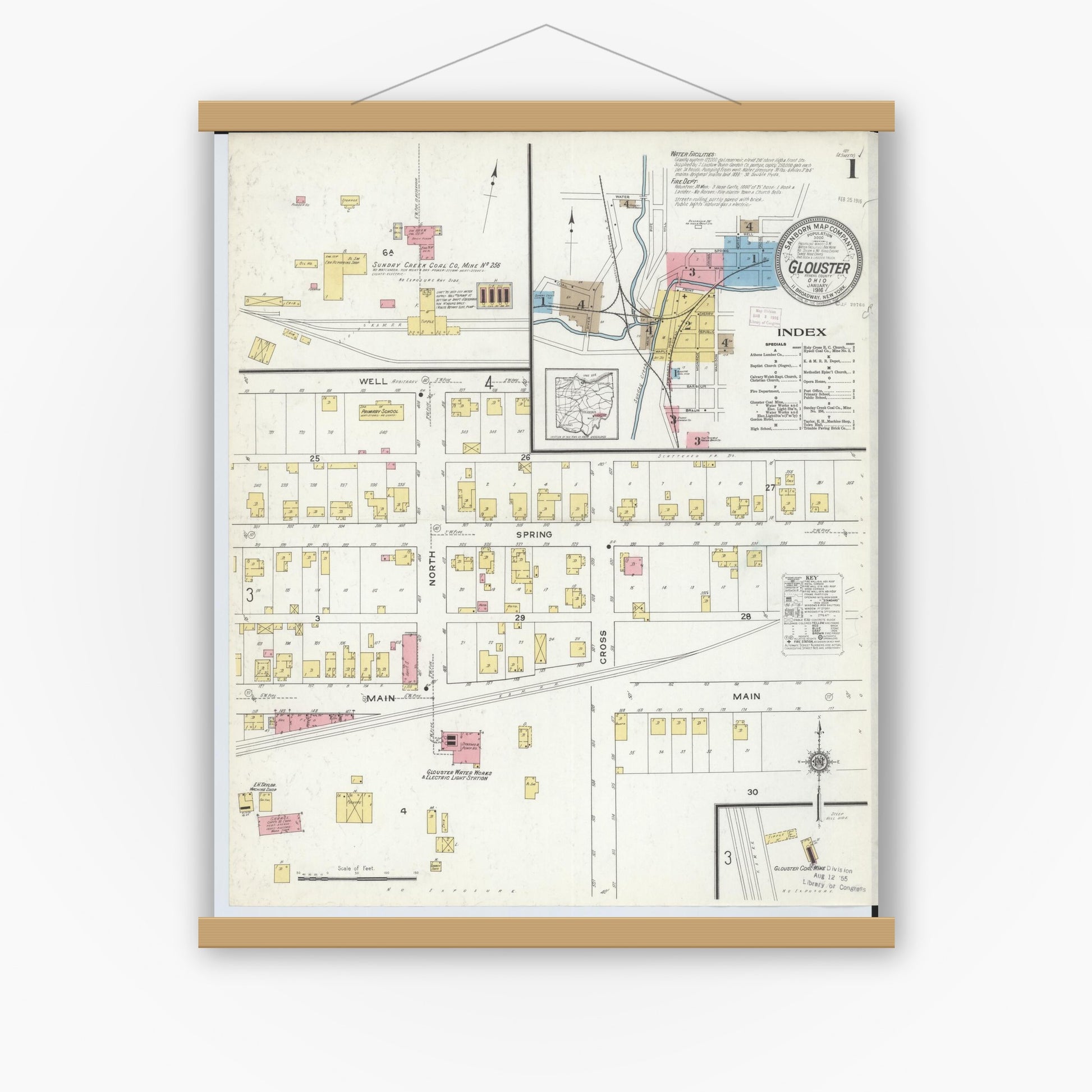 Old map wall art mockup — magnetic wood frame on white wall — Sanborn Fire Insurance Map from Glouster, Athens County, Ohio (1912) - Complete Map Set