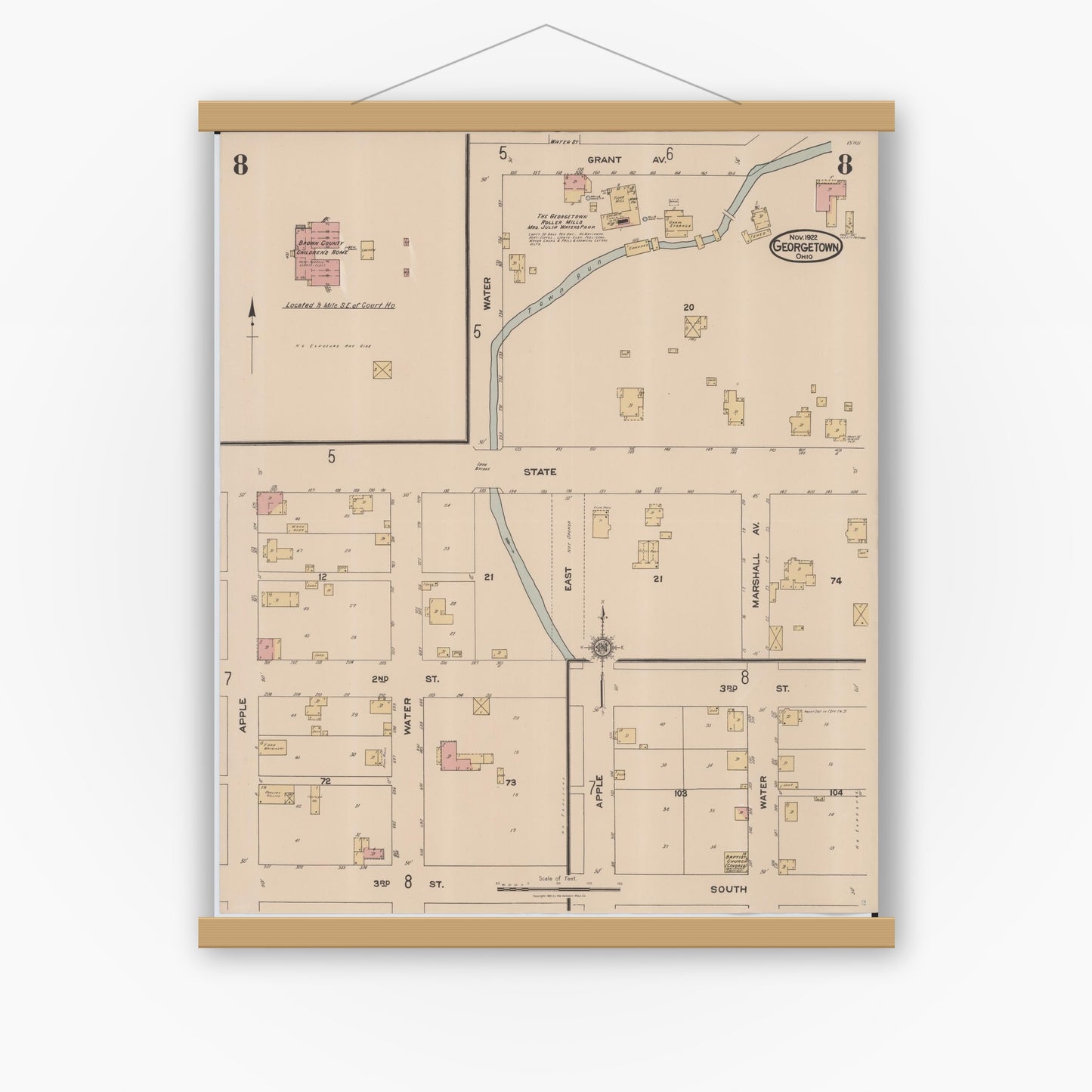 Old map wall art mockup — magnetic wood frame on white wall — Sanborn Fire Insurance Map from Georgetown, Brown County, Ohio (1922), Sheet #0008