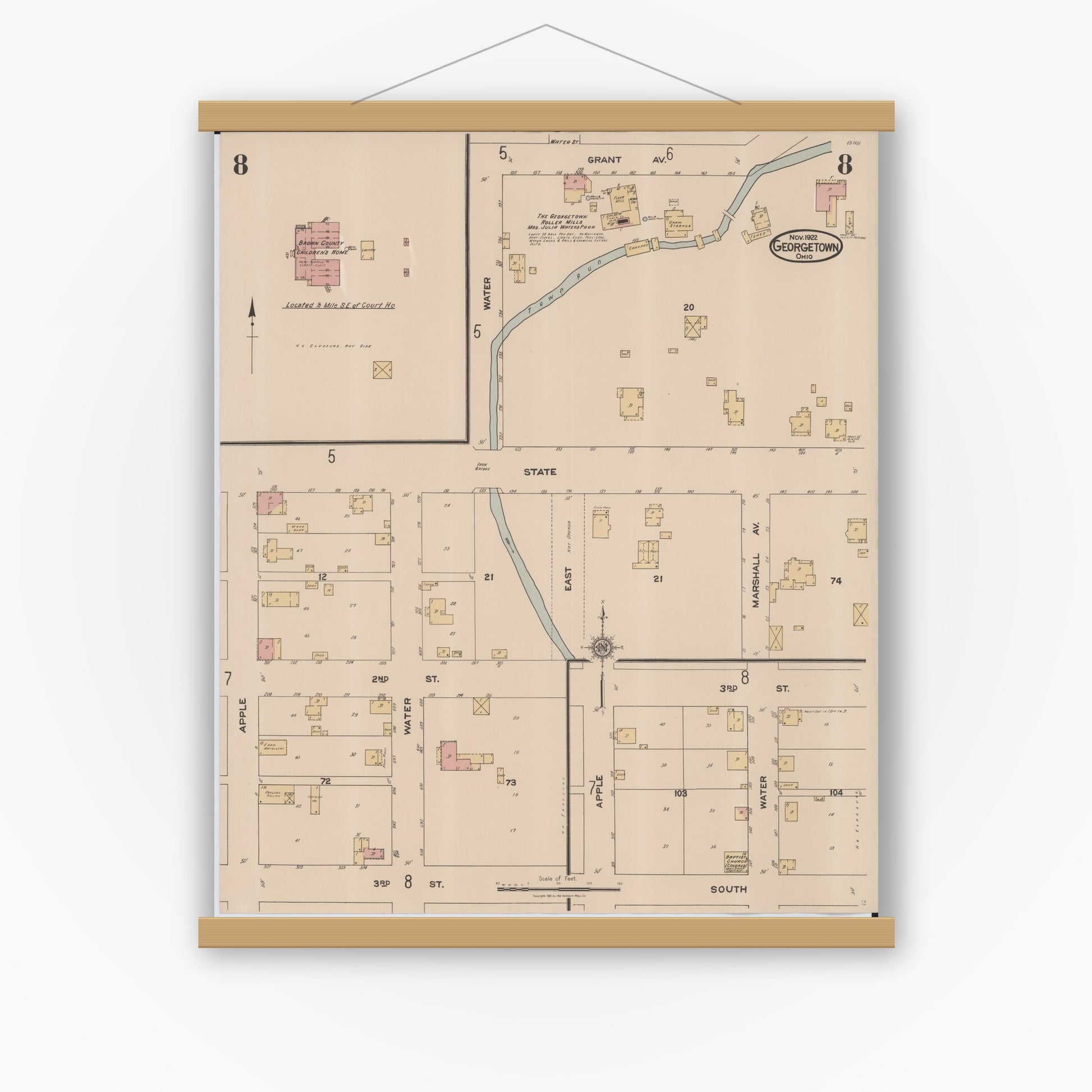Old map wall art mockup — magnetic wood frame on white wall — Sanborn Fire Insurance Map from Georgetown, Brown County, Ohio (1922), Sheet #0008